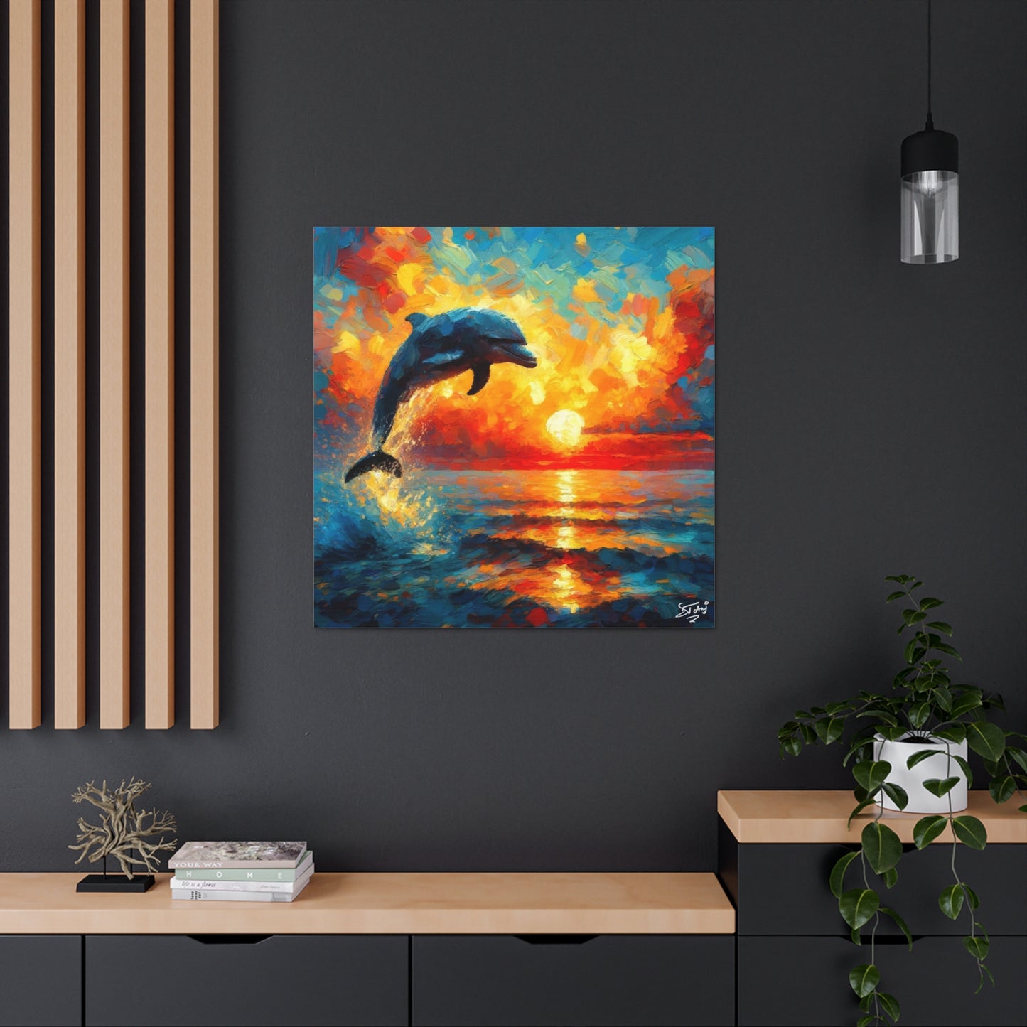 Art Print, Dolphin at Sunset, Oil Finish, Caribbean Nature, Canvas Gallery Wrap