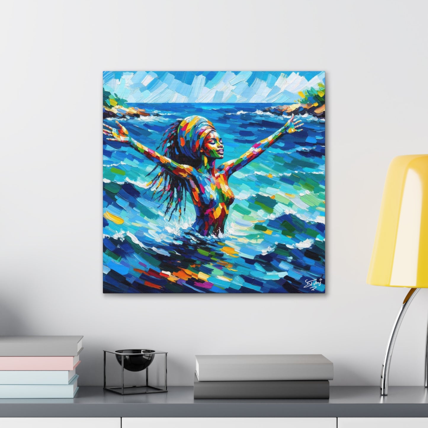 Art Print, Black Woman, Sea Bath, Oil Finish, Caribbean Nature, Semi-Abstract, Canvas Gallery Wrap