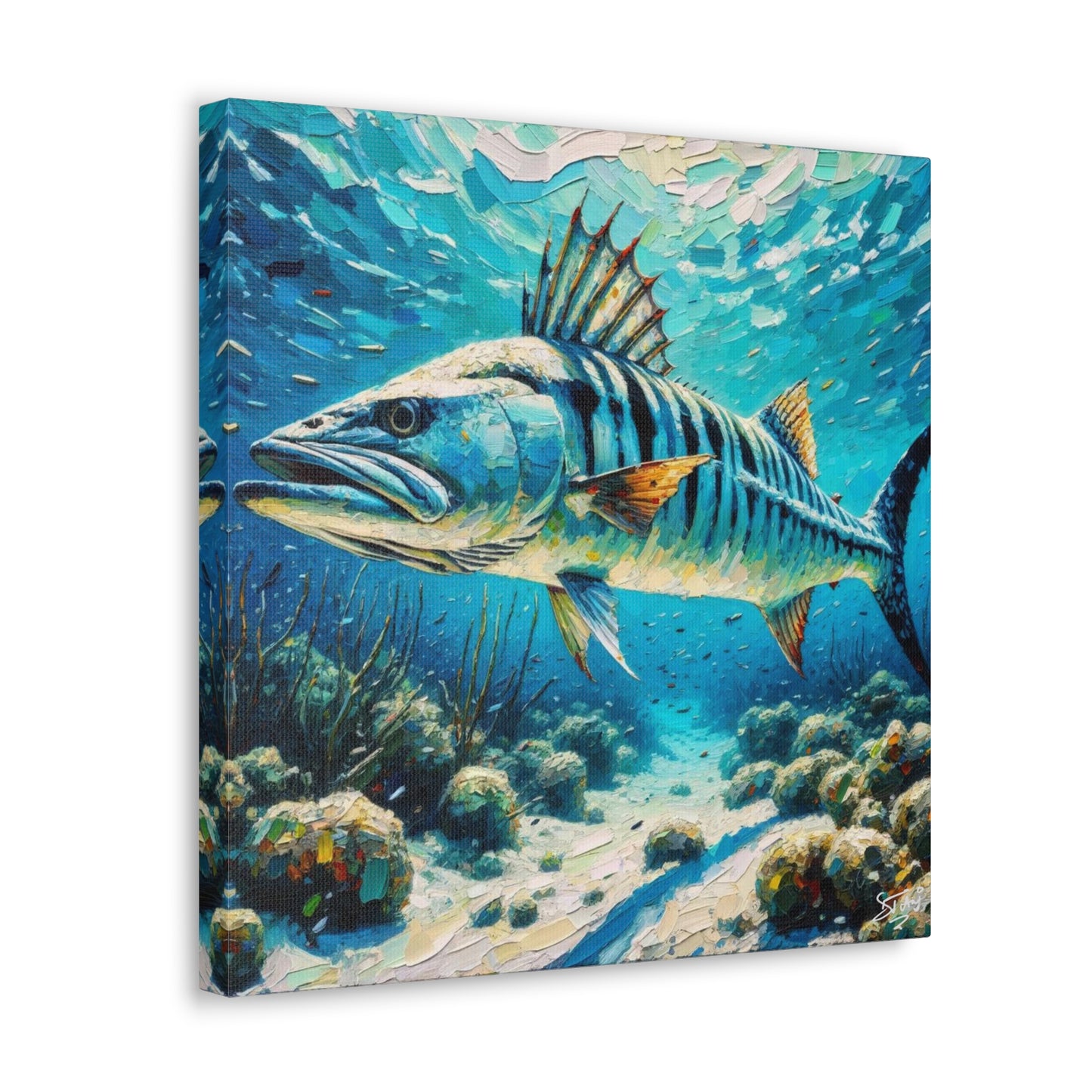 Art Print, Great Barracuda, Oil Finish, Caribbean Nature, Canvas Gallery Wrap