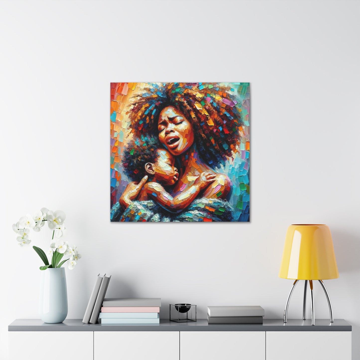 Art Print, Mother & Child, Afro-Caribbean Woman, Oil Finish, West Indian Ethnicity, Cultural, Heritage, Semi-Abstract, Canvas Gallery Wrap