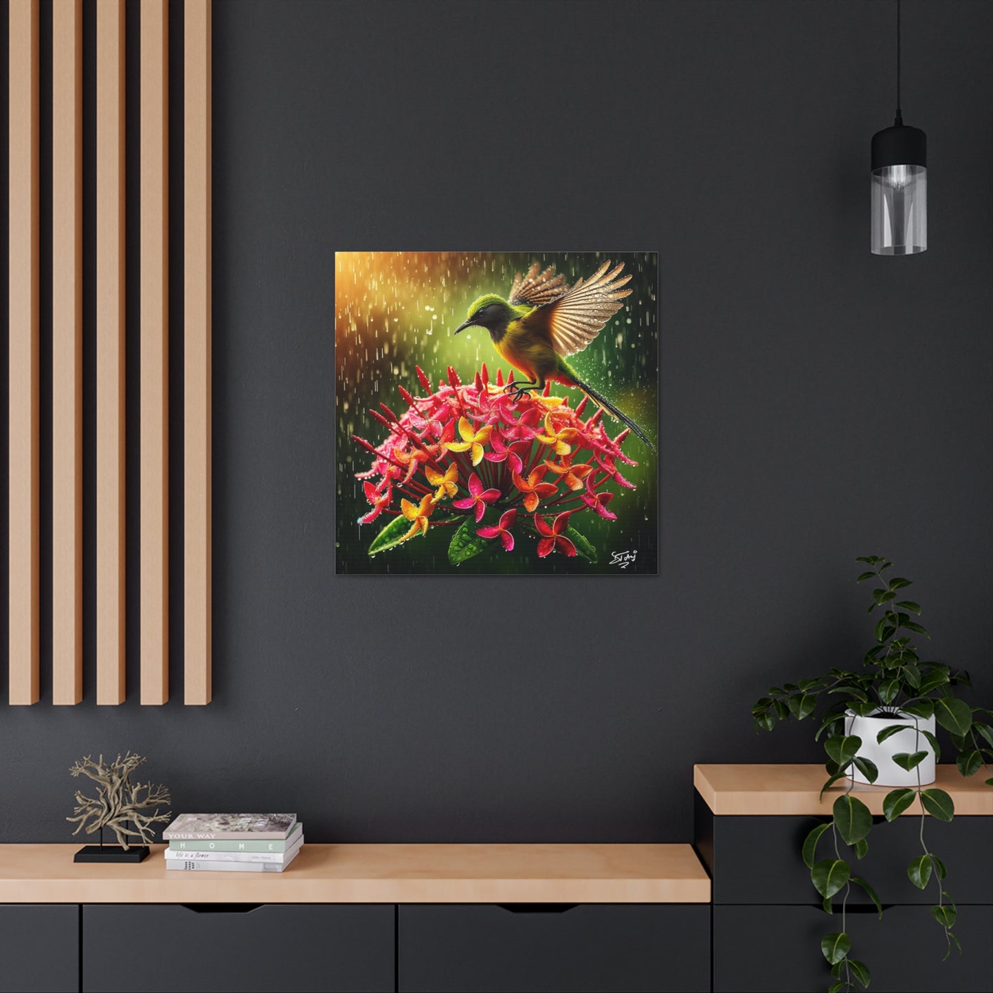 Print#2 of Tropical Bird in the Rain Perched on Ixora Flower, Oil Paint Finish, Caribbean, Tropical, Canvas Gallery Wraps