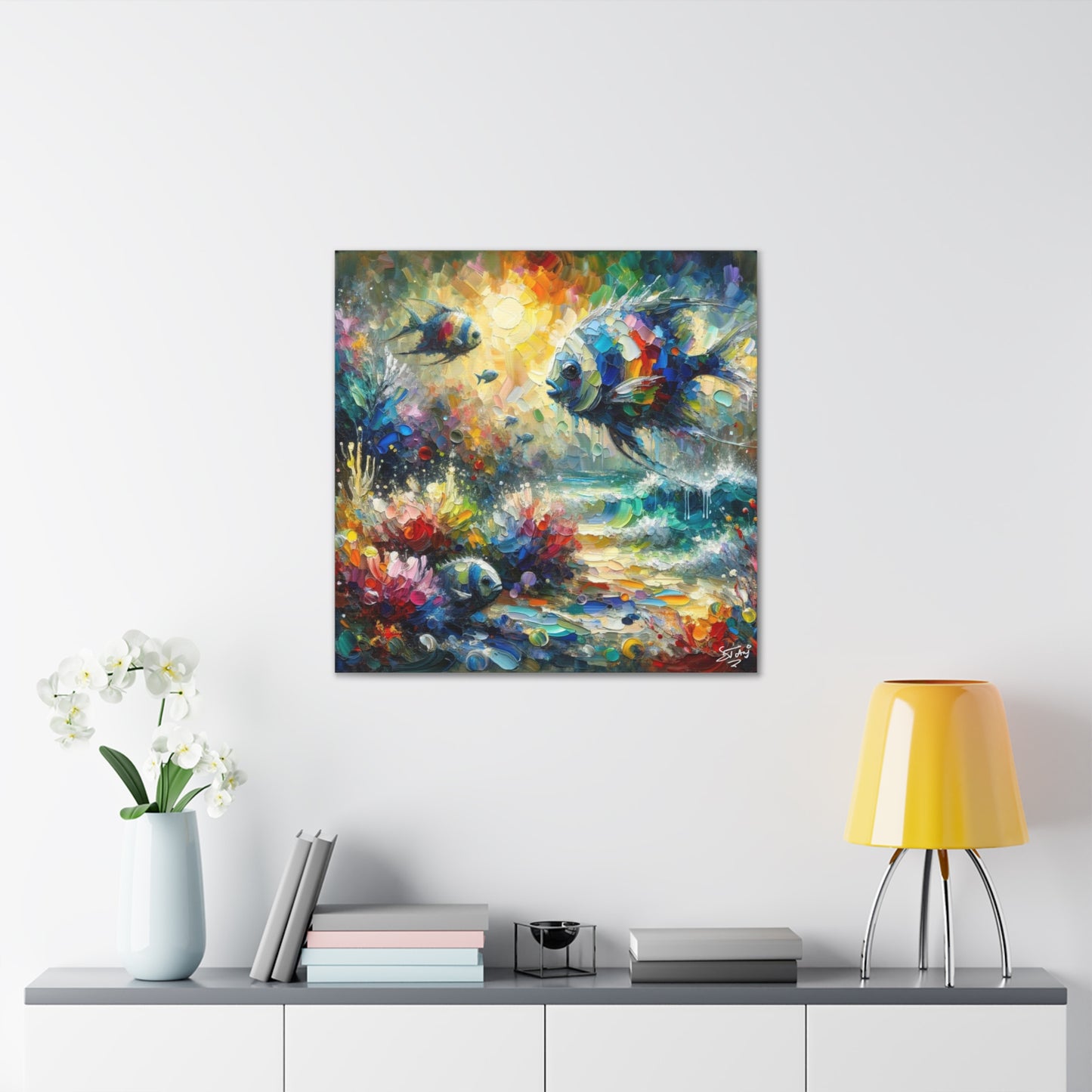 Art Print, Fishes in Coral Reef (2), Oil Finish, Caribbean Nature, Semi-Abstract, Canvas Gallery Wrap