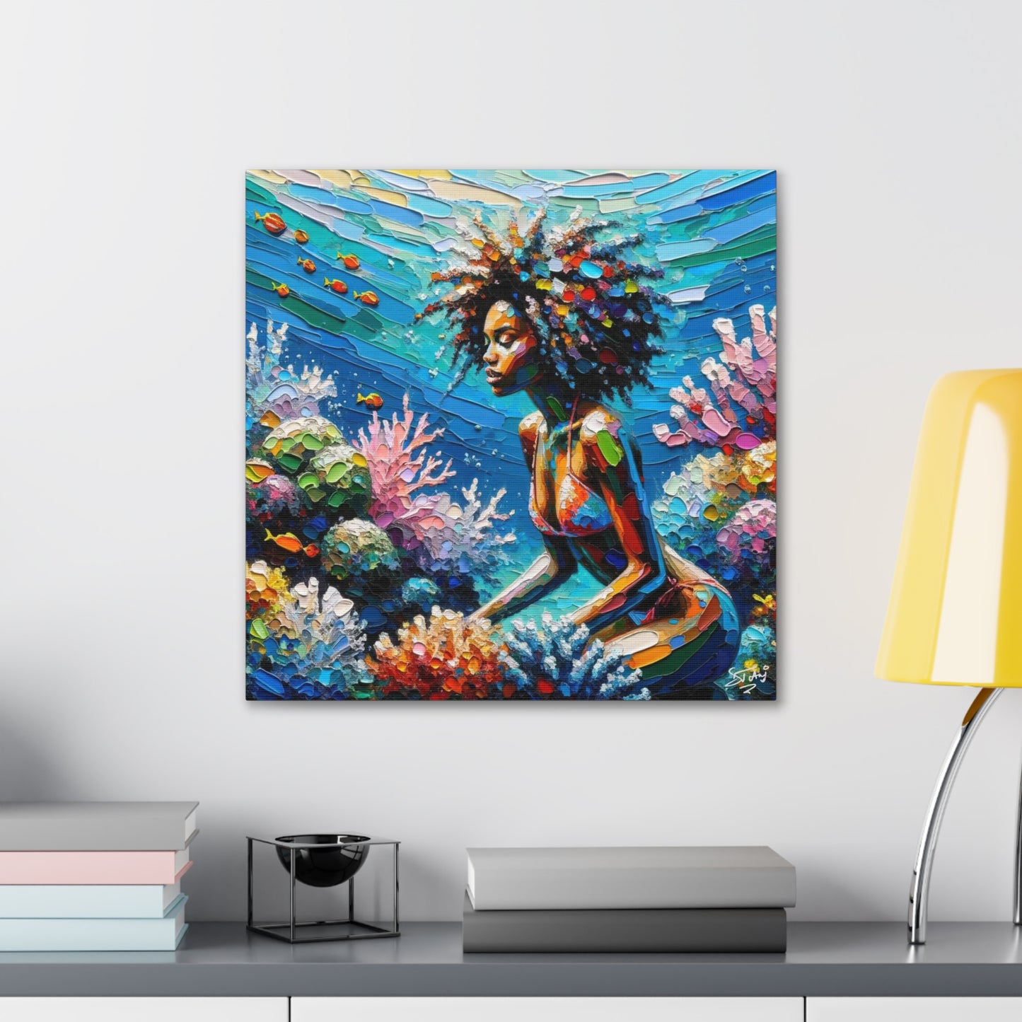 Art Print, Black Woman with Fishes in Coral Reef, Oil Finish, Caribbean Nature, Semi-Abstract, Canvas Gallery Wrap