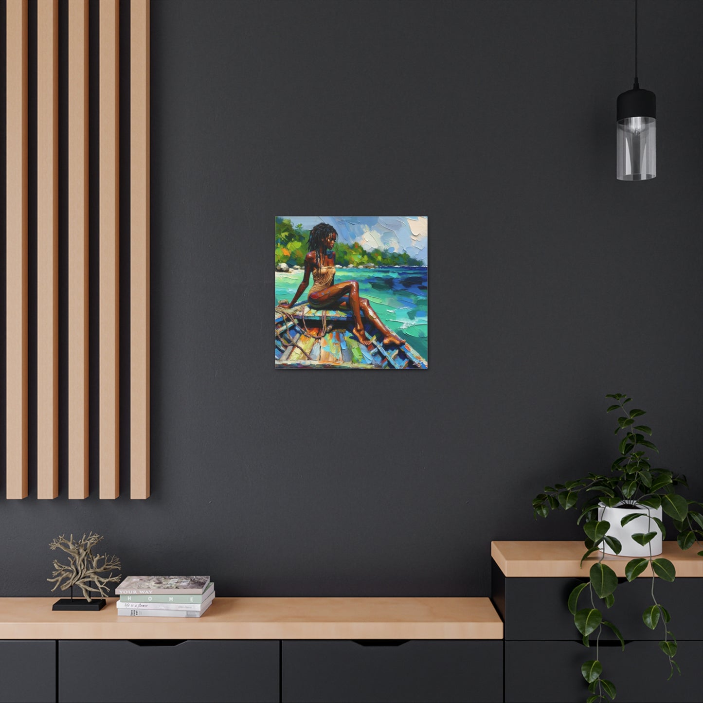 Art Print, Caribbean Woman "Chilling in the Boat" Oil Finish, West Indian Ethnicity, Cultural, Heritage, Semi-Abstract, Canvas Gallery Wrap