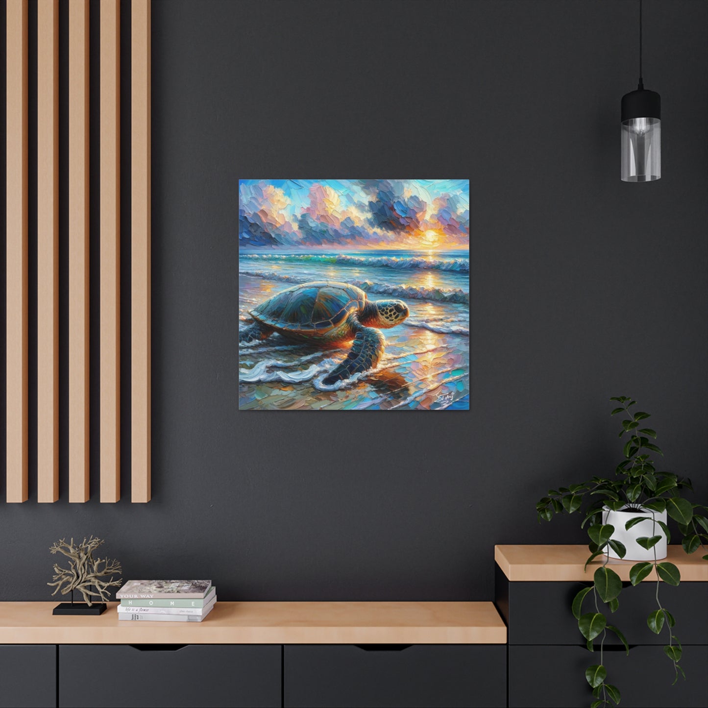 Art Print, Turtle at Sunrise, Caribbean Wildlife, Oil Finish, Caribbean Nature, Culture, Heritage, Canvas Gallery Wrap