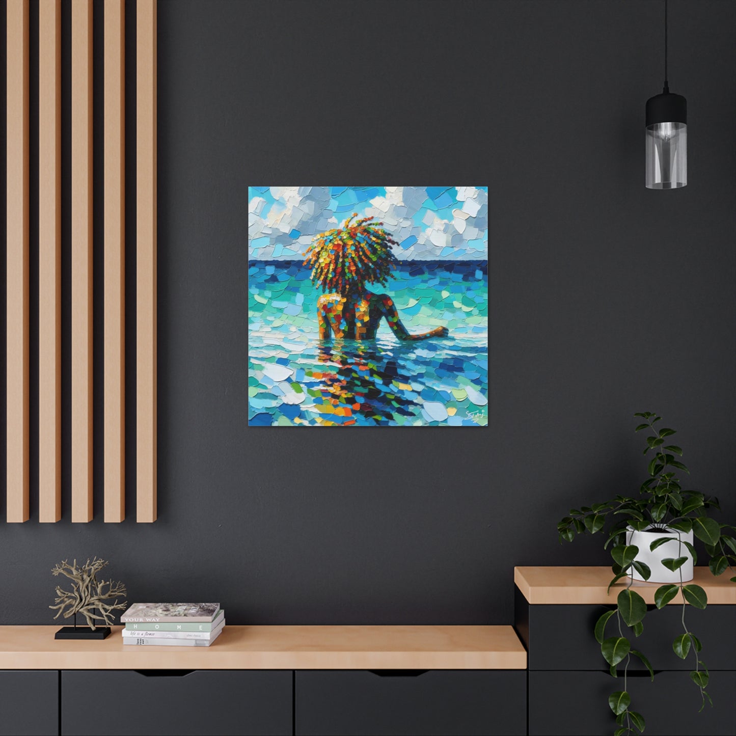 Art Print, Afro-Caribbean Woman, "Sea Bath" Oil Finish, West Indian Ethnicity, Cultural, Heritage, Abstract, Canvas Gallery Wrap