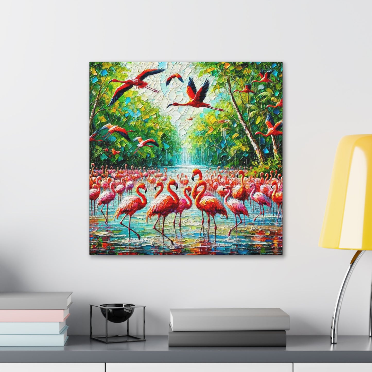 Art Print, Scarlet Ibises & Flamingos in Their Natural Mangrove Habitat in Trinidad and Tobago, Caribbean, West Indian Art, Canvas Gallery Wraps