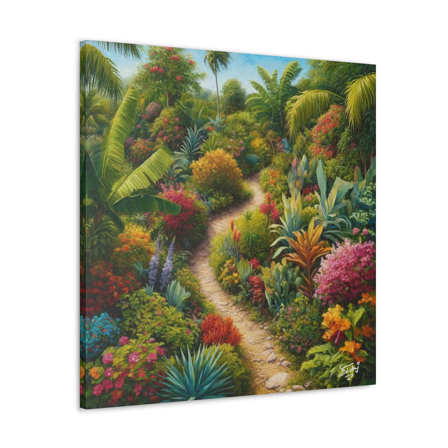 Art Print of Tropical Flower Garden, Oil Finish, West Indian Art, Canvas Gallery Wraps