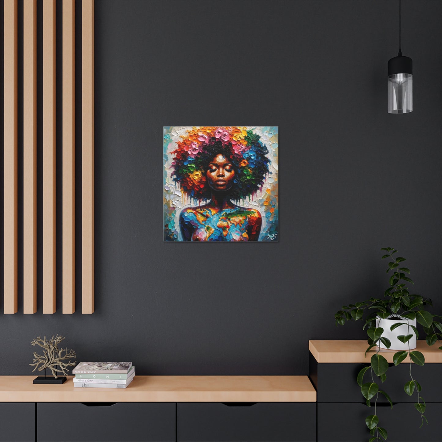 Art Print, Caribbean Woman "World Unity" Oil Finish, West Indian Ethnicity, Cultural, Heritage, Semi-Abstract, Canvas Gallery Wrap