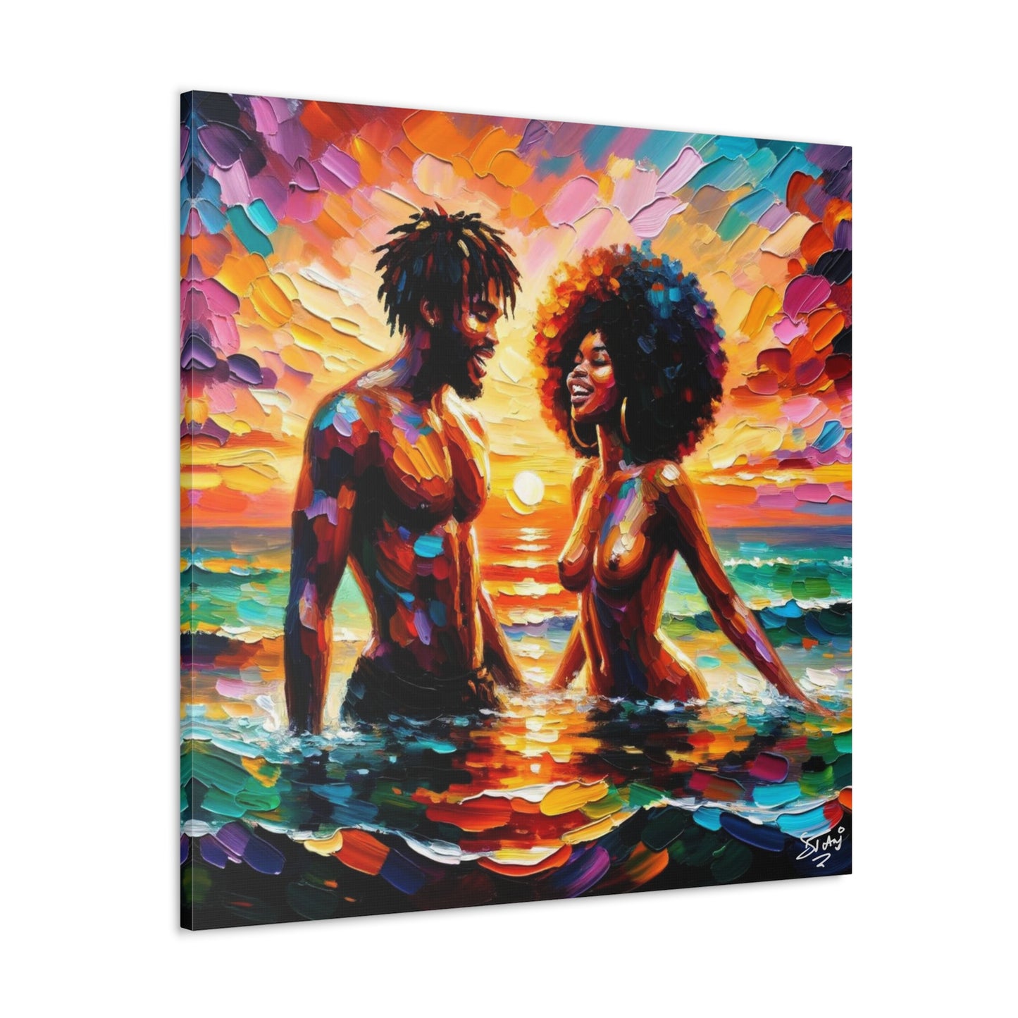 Art Print, Afro-Caribbean Couple in the Sea, Oil Finish, West Indian Ethnicity, Cultural, Heritage, Semi-Abstract, Canvas Gallery Wrap