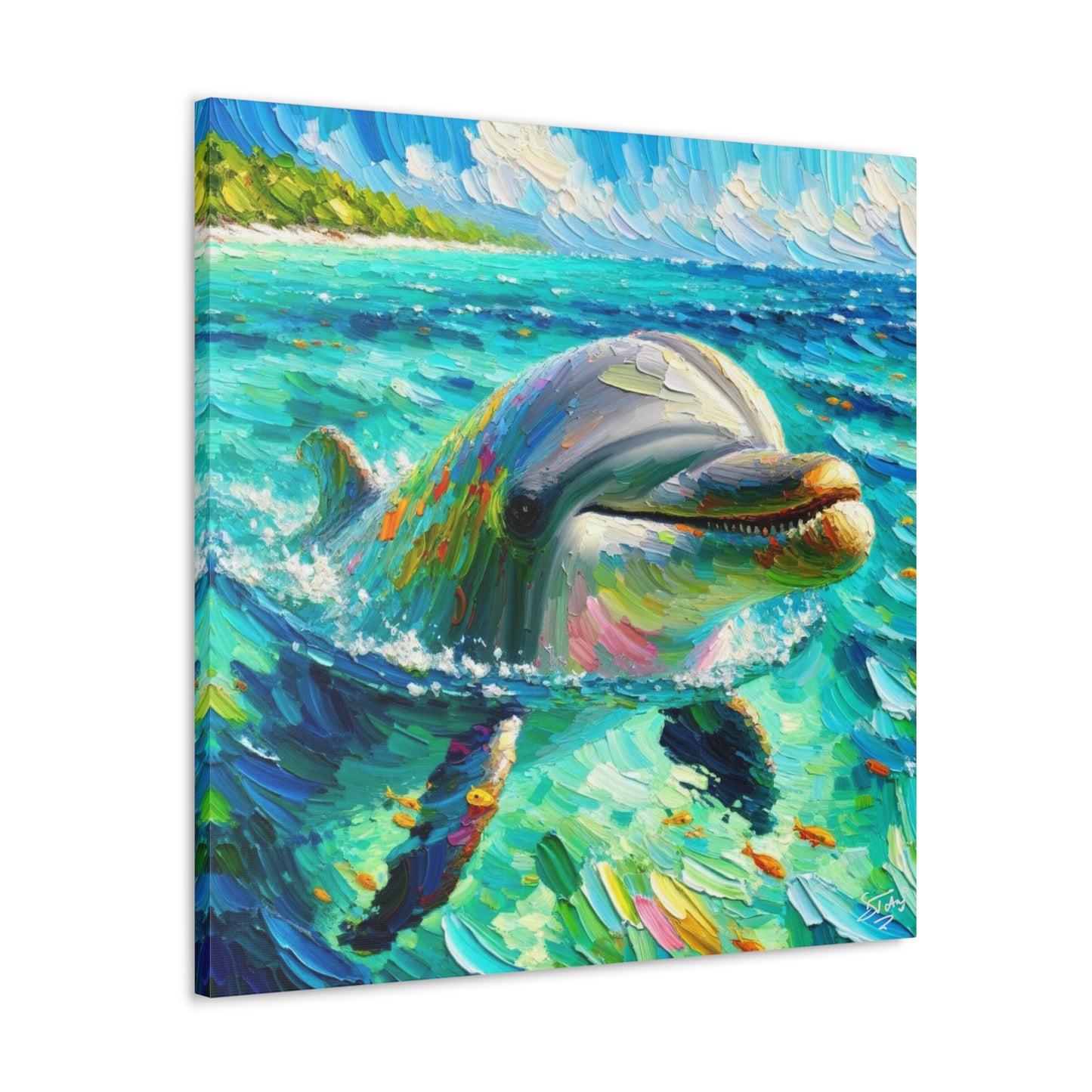 Art Print, Dolphin in Caribbean Sea, Oil Finish, Caribbean Nature, Canvas Gallery Wrap