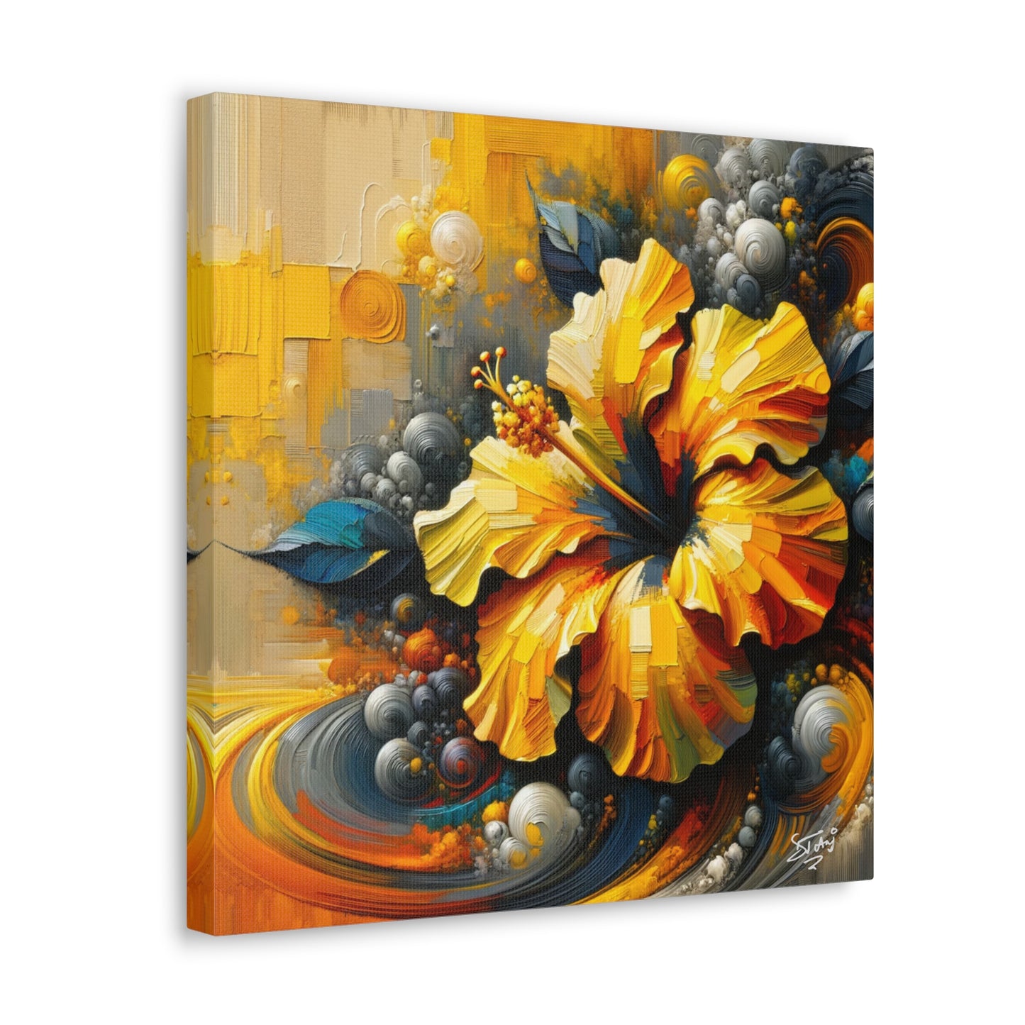 Oil Print#2 of a Yellow Hibiscus Flower, Close-up View, Semi-abstract, Caribbean, Vibrant Vivid Colors, Canvas Gallery Wraps