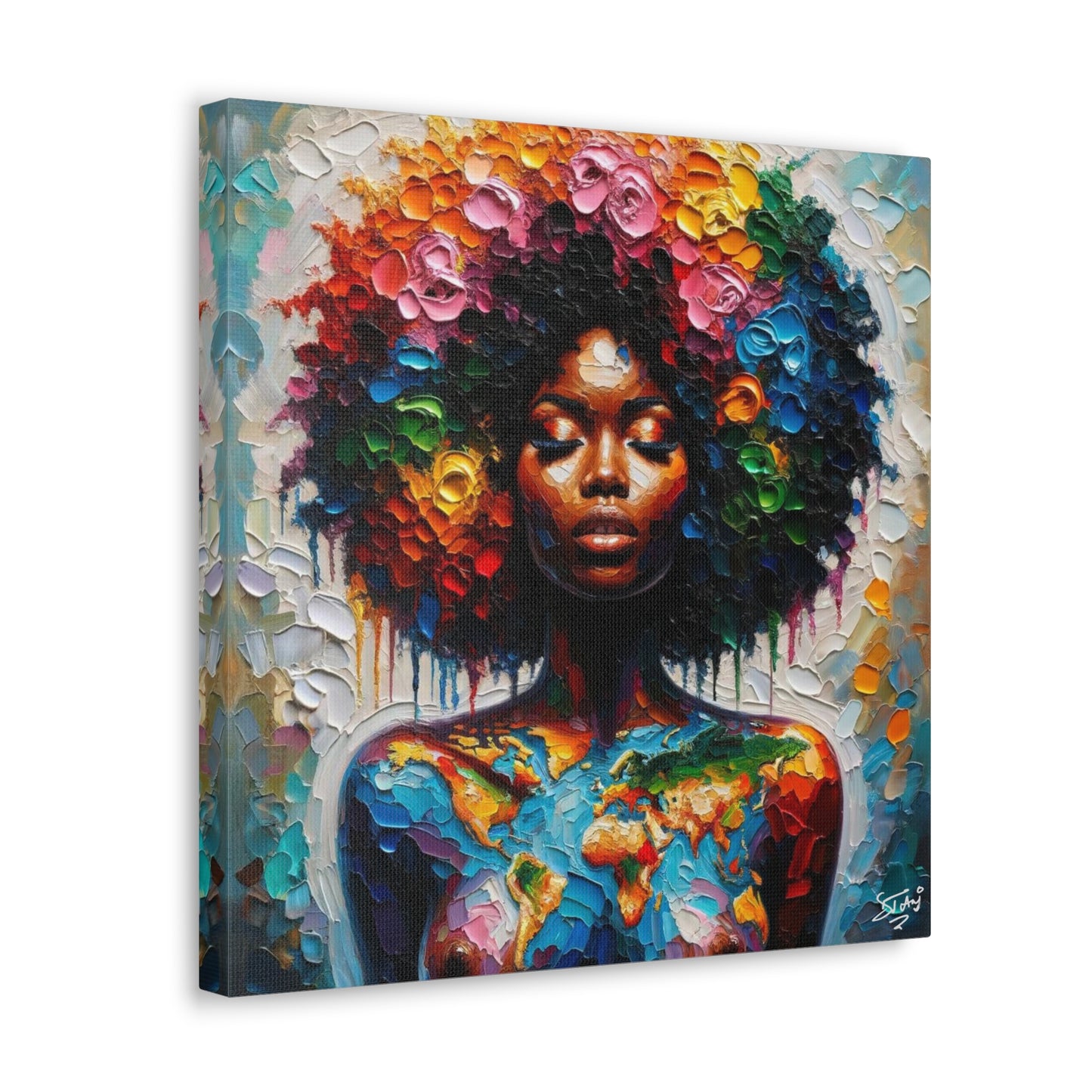 Art Print, Caribbean Woman "World Unity" Oil Finish, West Indian Ethnicity, Cultural, Heritage, Semi-Abstract, Canvas Gallery Wrap