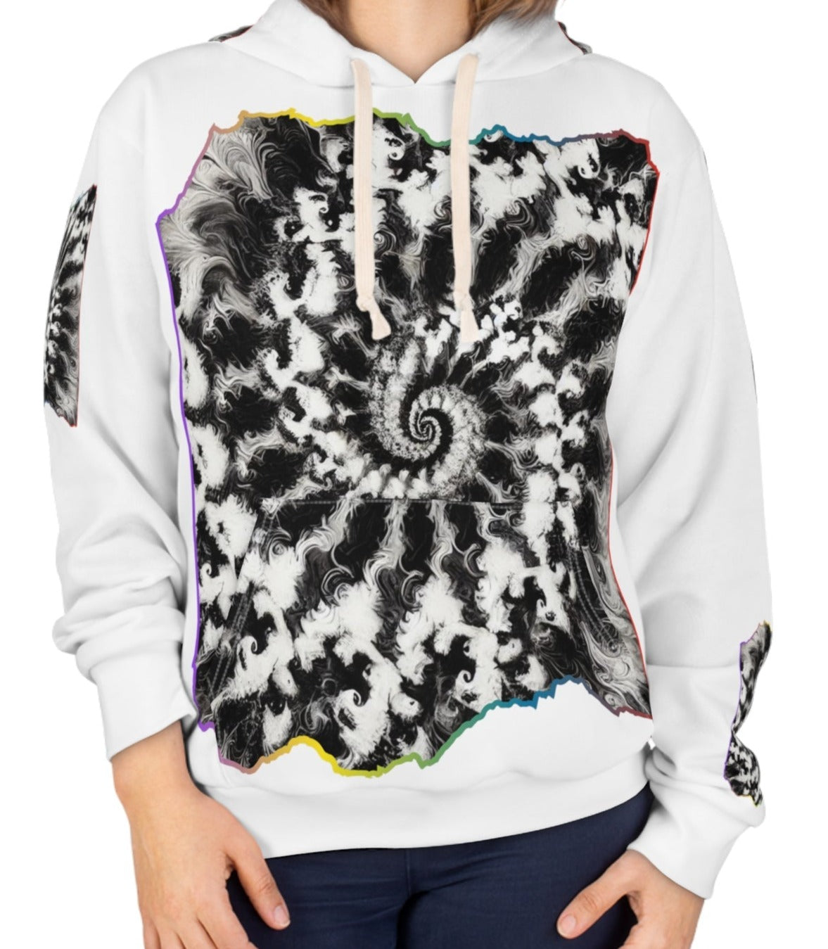 Unisex Pullover Hoodie (AOP) "B&W Tie-Dye Abstract Print"