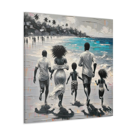 Art Print, Afro-Caribbean Family on the Beach, Oil Finish, West Indian Ethnicity, Cultural, Heritage, Semi-Abstract, Canvas Gallery Wrap