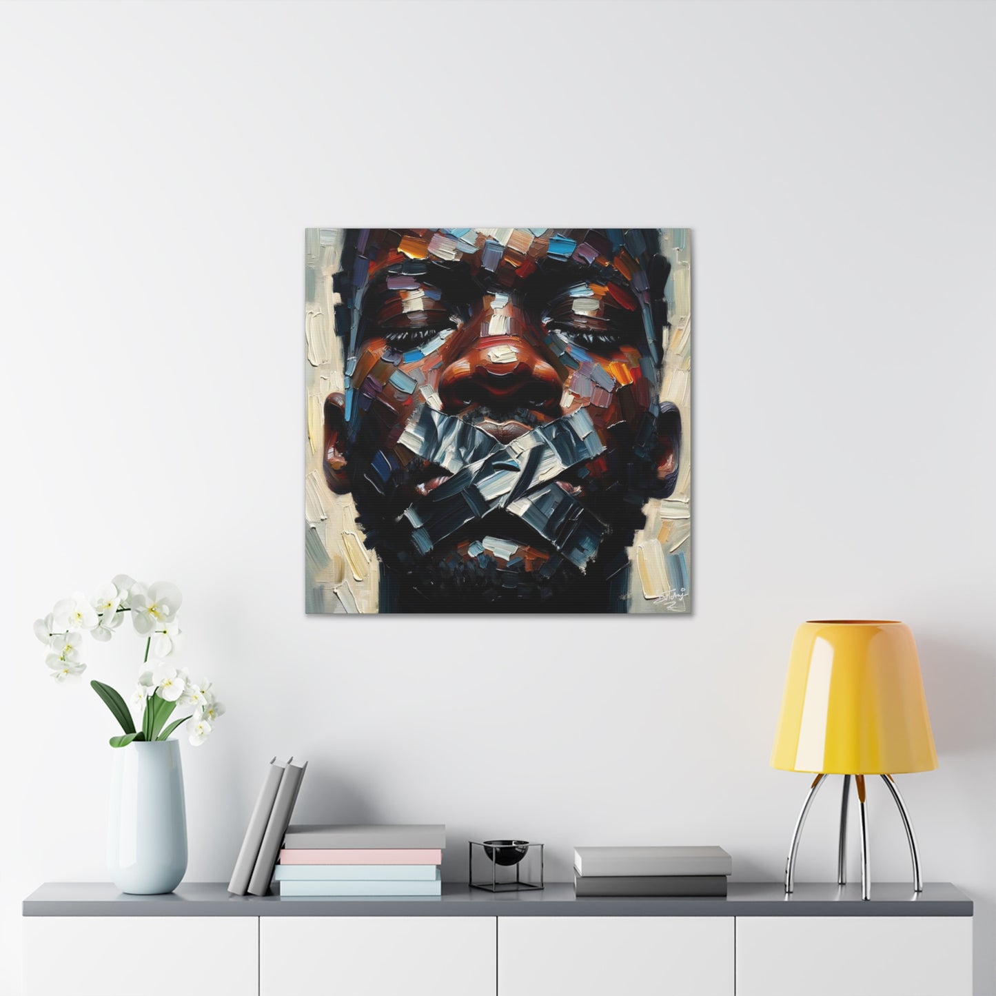 Art Print, Afro-Caribbean Man Silenced? Oil Finish, West Indian Ethnicity, Cultural, Heritage, Semi-Abstract, Canvas Gallery Wrap