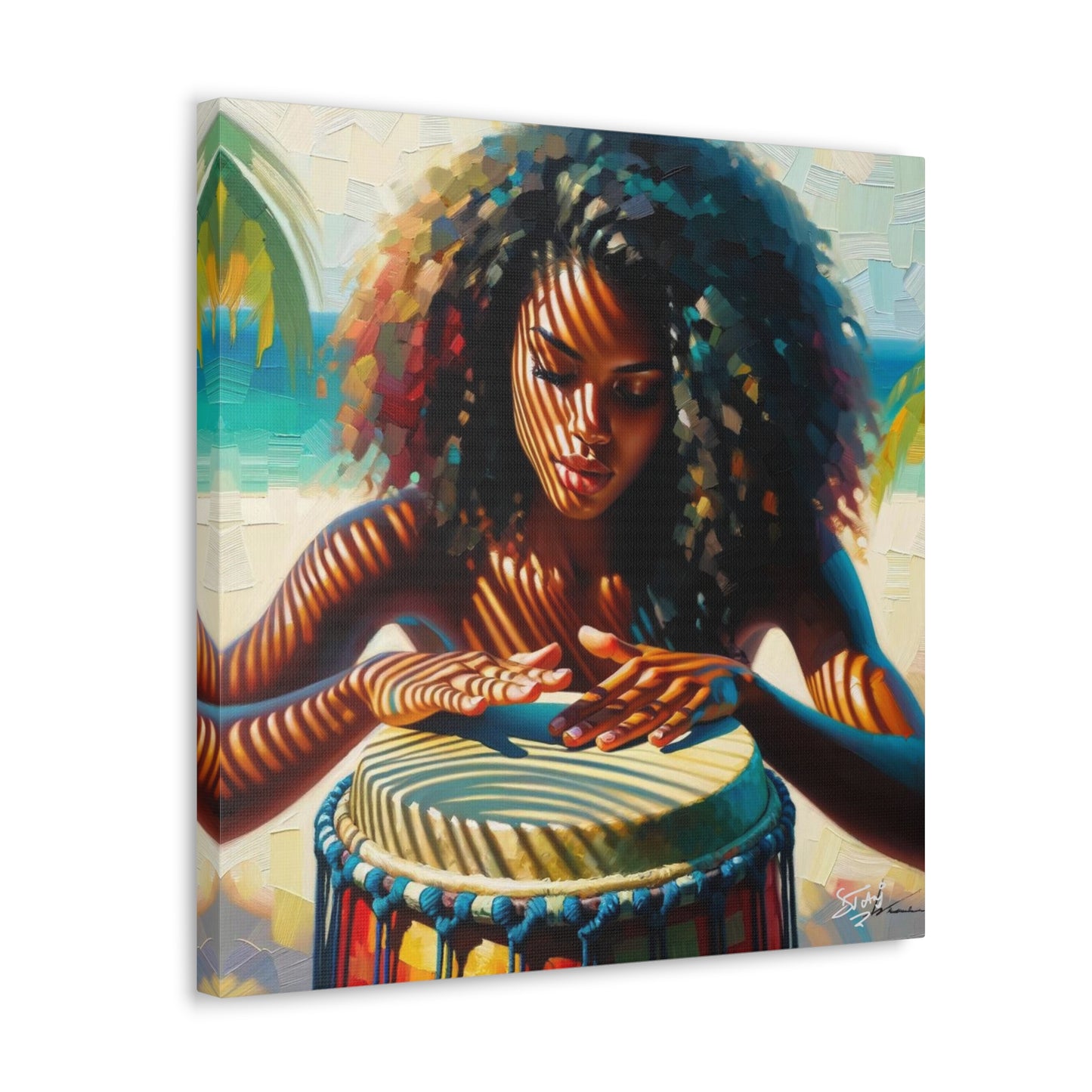 Art Print, Afro-Caribbean Woman, "Drumming" Oil Finish, West Indian Ethnicity, Cultural, Heritage, Abstract, Canvas Gallery Wrap