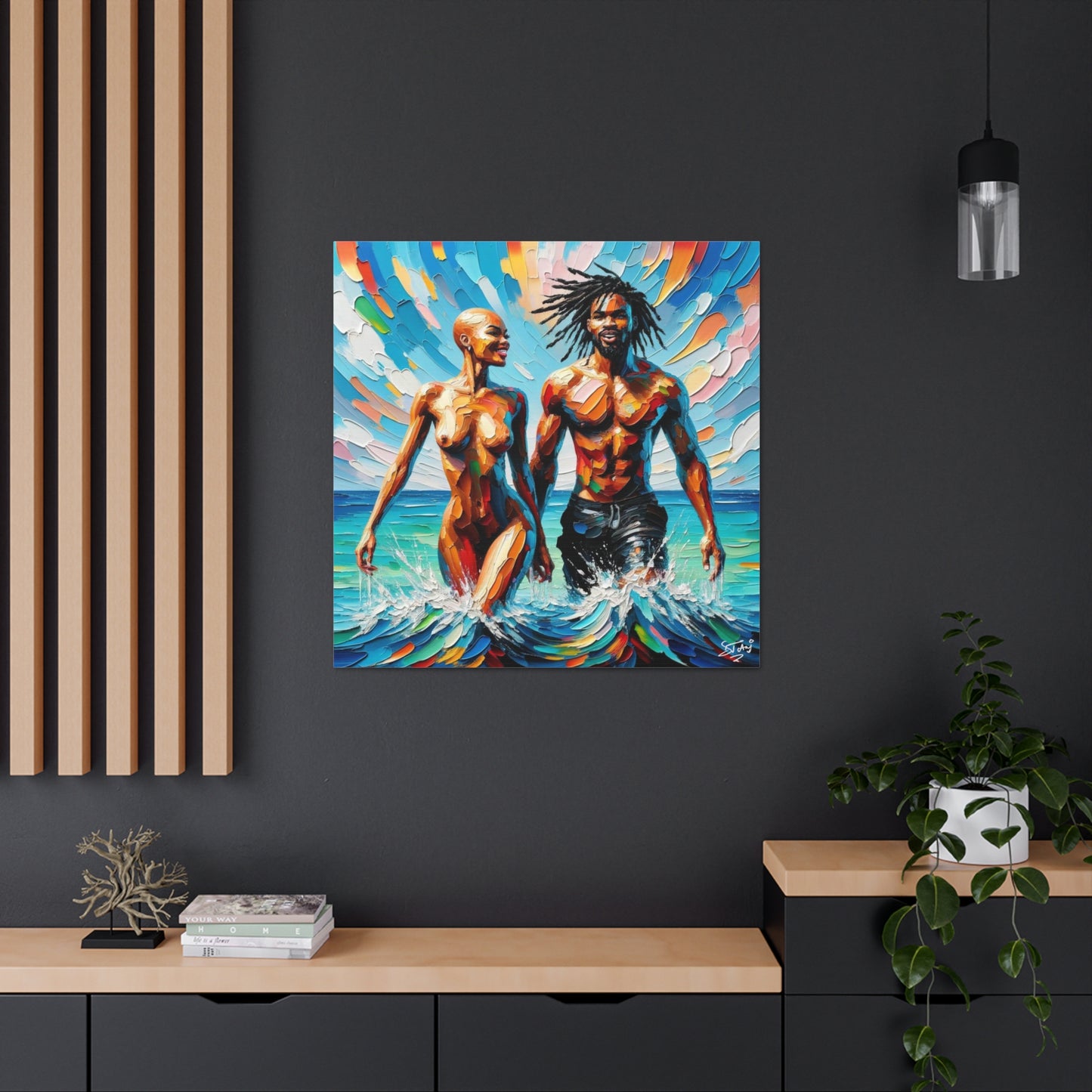 Art Print, Afro-Caribbean Couple in the Ocean, Oil Finish, West Indian Ethnicity, Cultural, Heritage, Semi-Abstract, Canvas Gallery Wrap