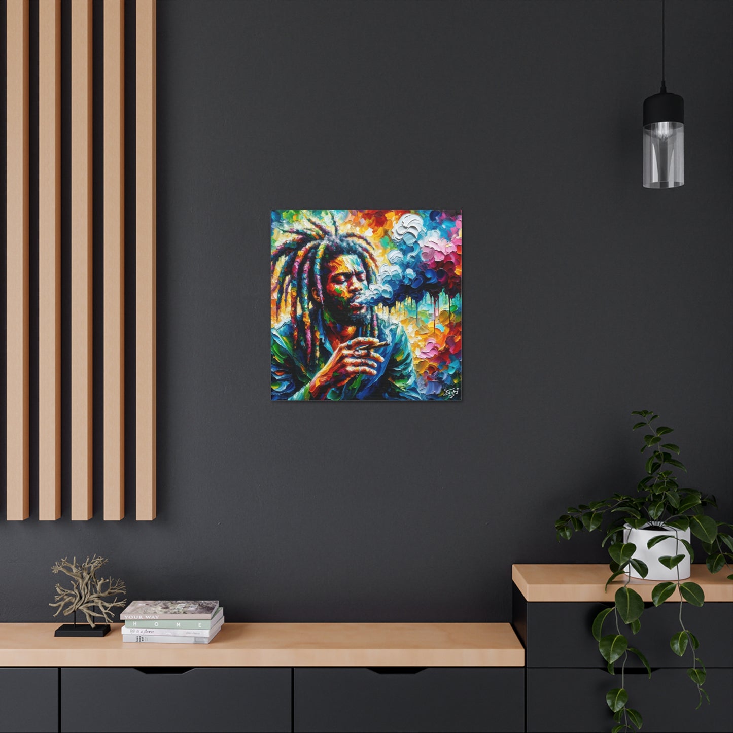 Art Print of Rastaman Smoking, Oil Finish, West Indian Ethnicity, Cultural, Heritage, Afro-Caribbean Man, Semi-Abstract, Canvas Gallery Wrap