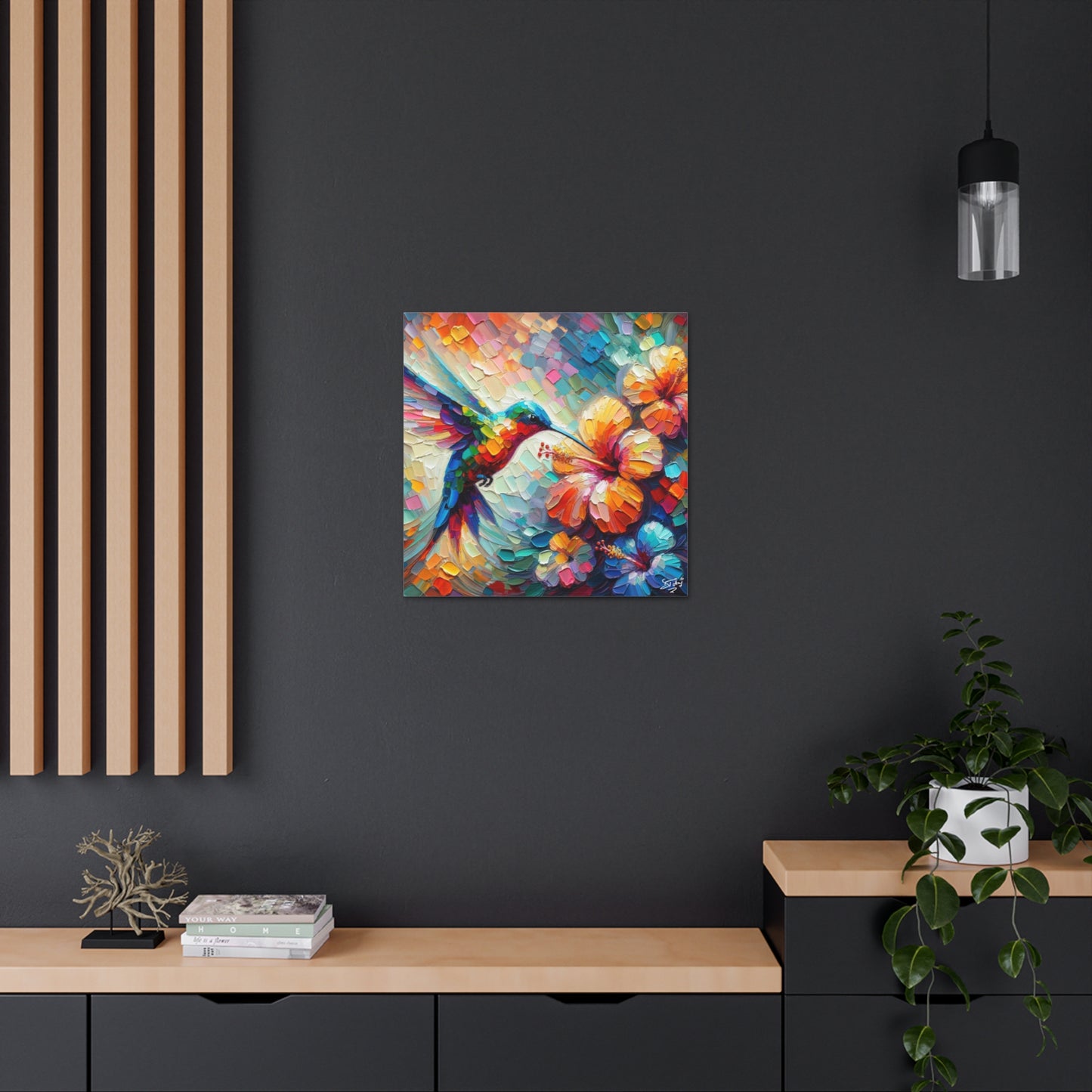 Art Print, Hummingbird on Hibiscus, Oil Finish, Caribbean Nature, Cultural, Heritage, Semi-Abstract, Canvas Gallery Wrap