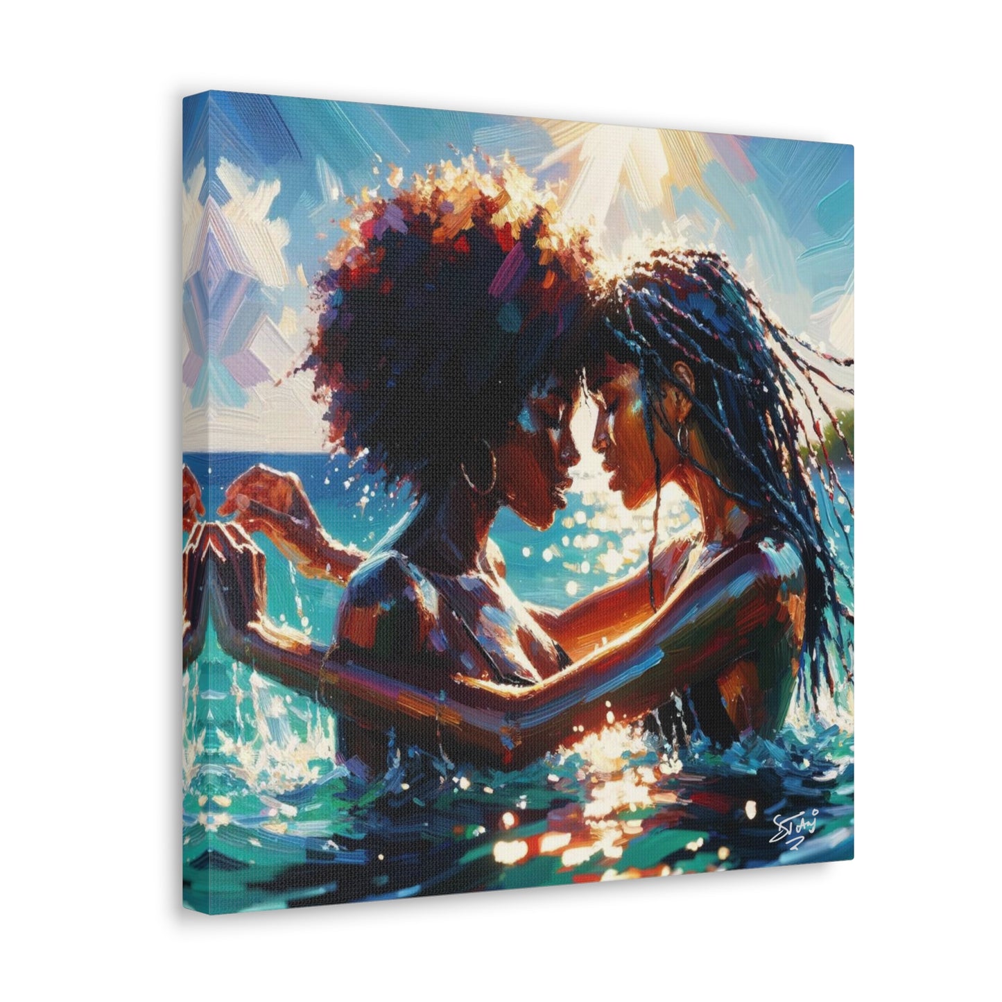 Art Print, Caribbean Couple, "In Our World" Semi-Abstract Oil Finish, West Indian Ethnicity, Cultural, Heritage, Abstract, Canvas Gallery Wrap