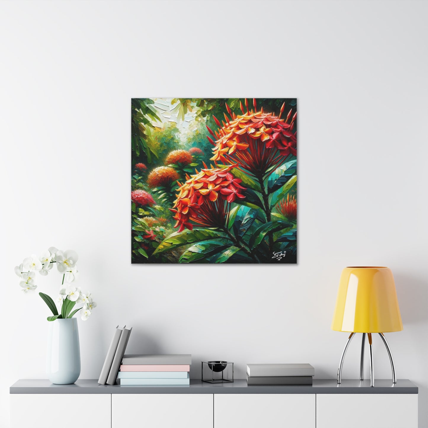 Art Print of Ixora Flowers, Oil Finish, West Indian Art, Canvas Gallery Wraps