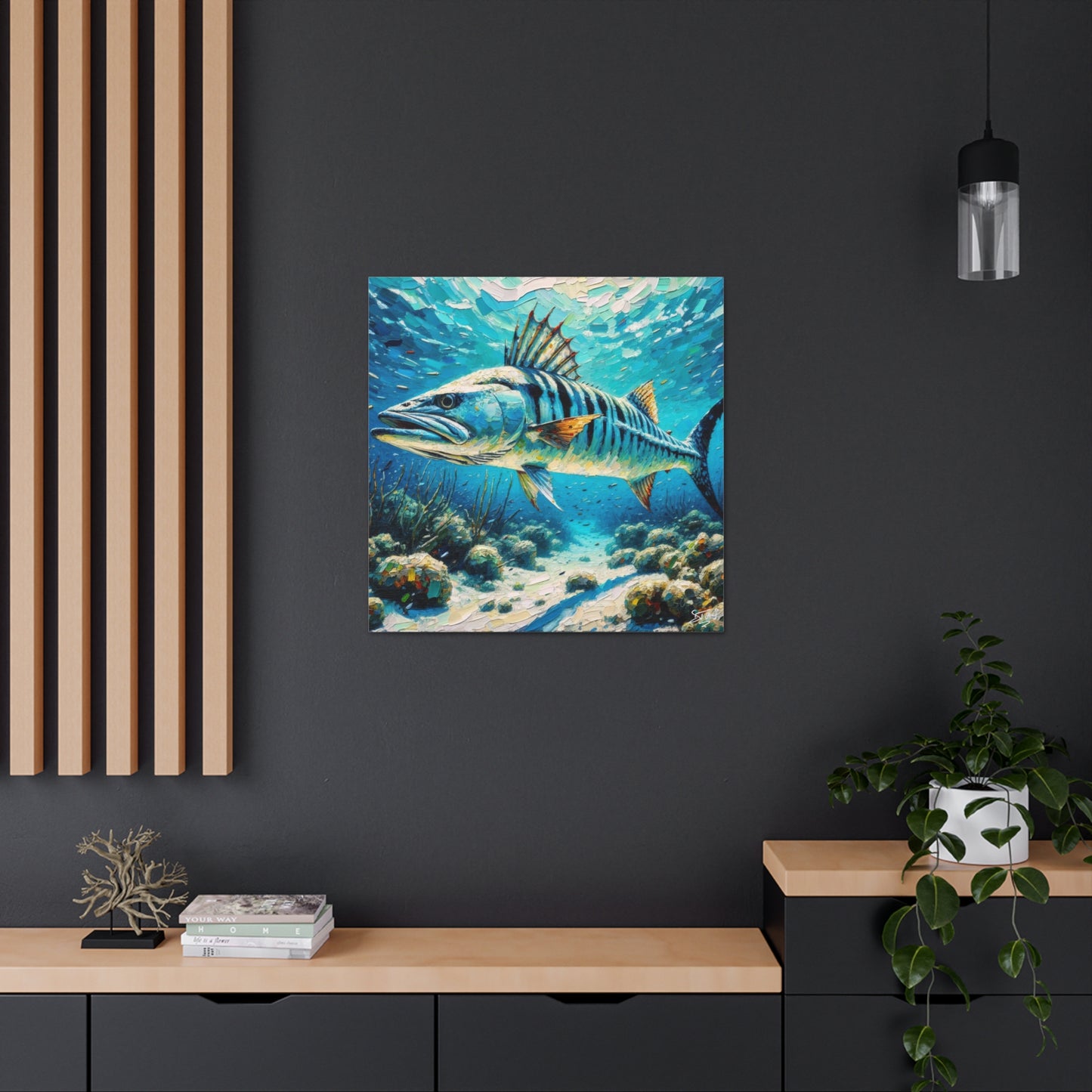 Art Print, Great Barracuda, Oil Finish, Caribbean Nature, Canvas Gallery Wrap