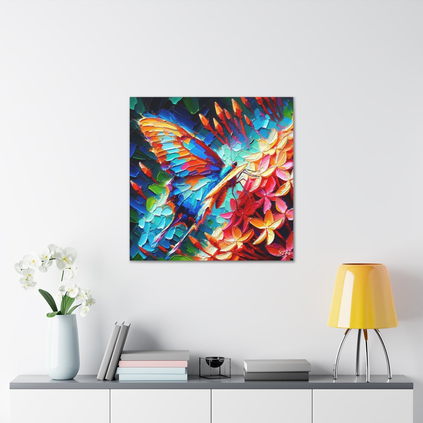 Art Print, Butterfly on Ixoras, Oil Finish, Caribbean Nature, Cultural, Heritage, Semi-Abstract, Canvas Gallery Wrap