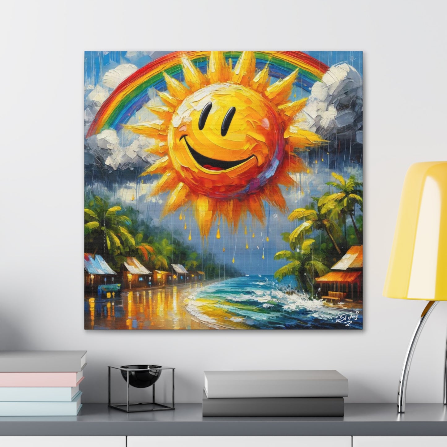 Art Print of Caribbean Beach Scene, "Sun & Rain," West Indian Art, Canvas Gallery Wraps