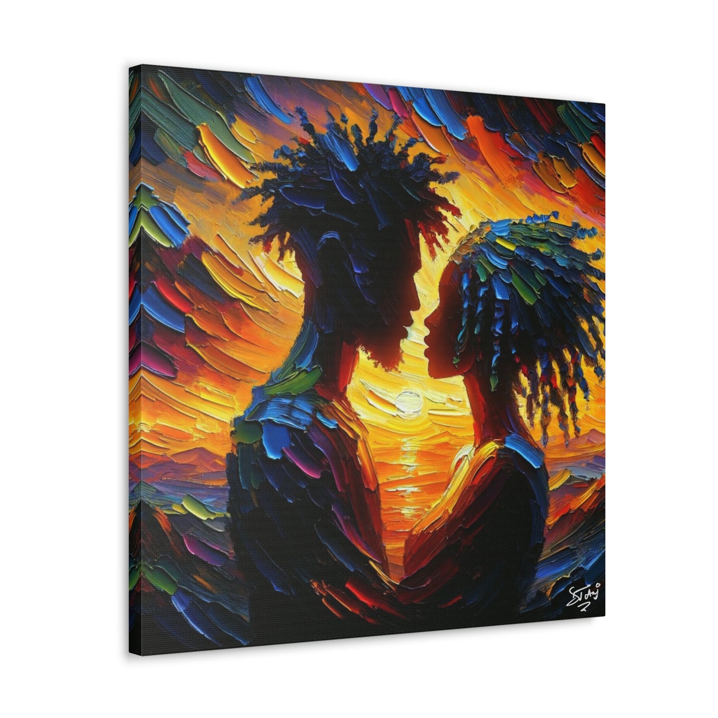 Art Print, Afro-Caribbean Couple in Love, Oil Finish, West Indian Ethnicity, Cultural, Heritage, Semi-Abstract, Canvas Gallery Wrap