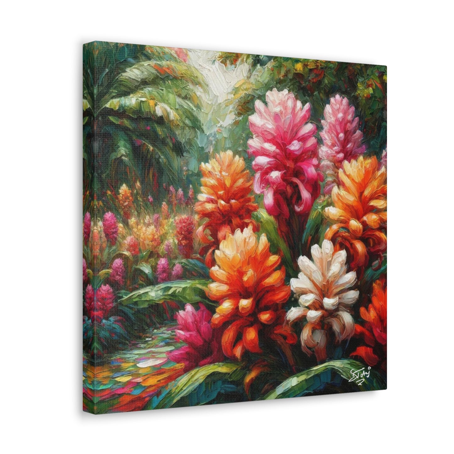 Art Print of Tropical Flower Garden, Oil Finish, West Indian Art, Canvas Gallery Wraps