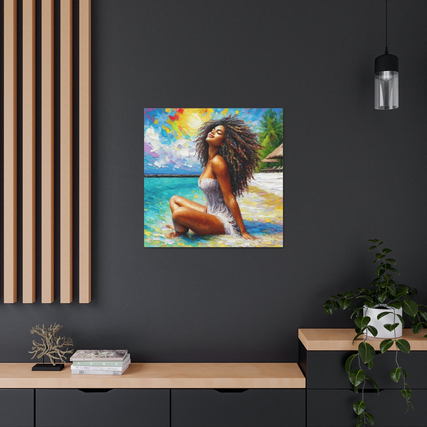 Art Print, Indo-Caribbean Woman, "Chilling on the Beach" Oil Finish, West Indian Ethnicity, Cultural, Heritage, Abstract, Canvas Gallery Wrap