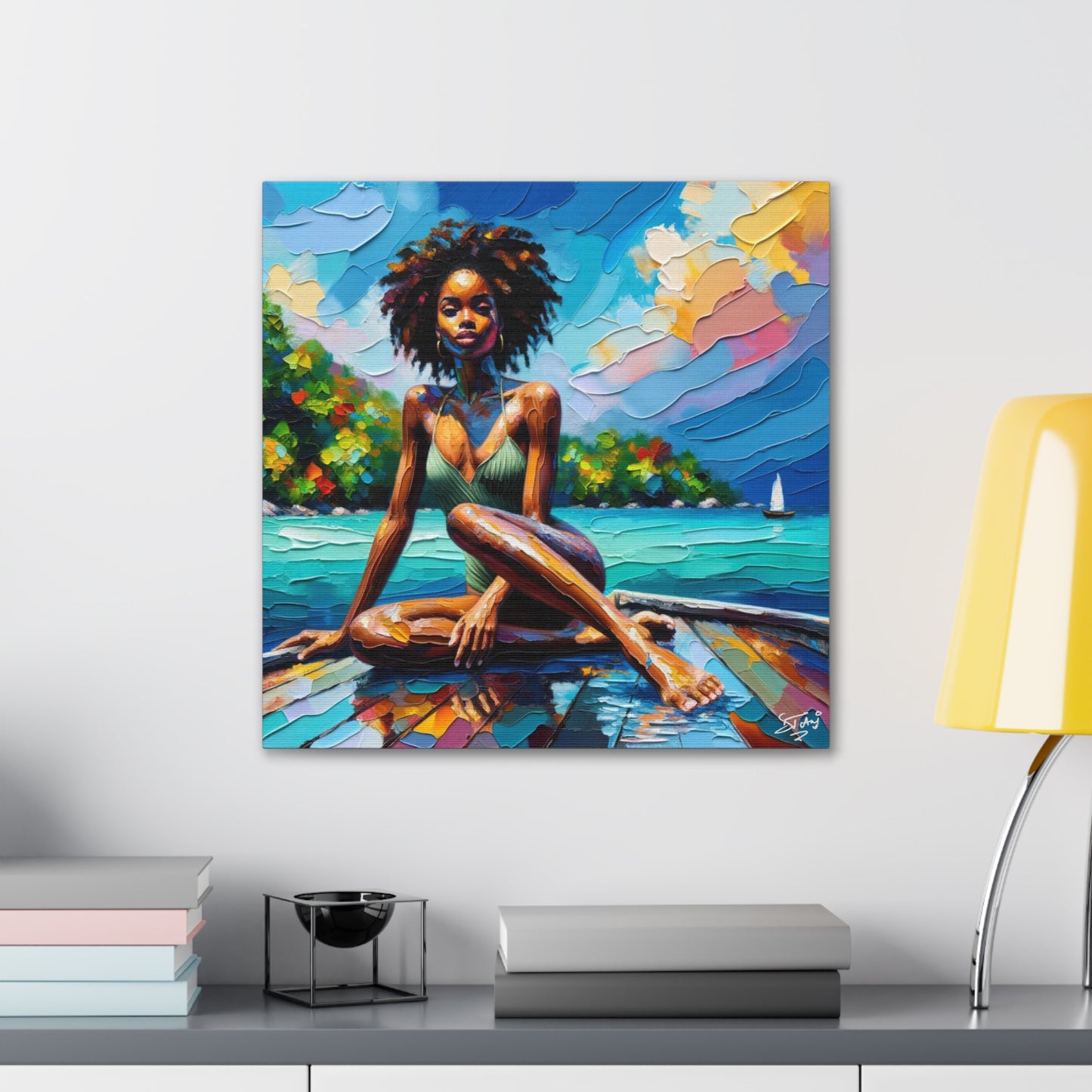 Art Print, Afro-Caribbean Woman "Chilling in the Boat" Oil Finish, West Indian Ethnicity, Cultural, Heritage, Semi-Abstract, Canvas Gallery Wrap