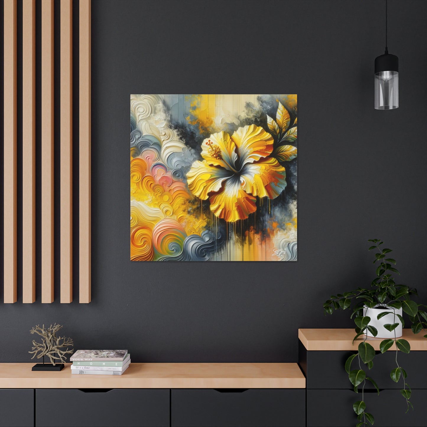 Oil Print of a Yellow Hibiscus Flower, Close-up View, Semi-abstract, Caribbean, Vibrant Vivid Colors, Canvas Gallery Wraps