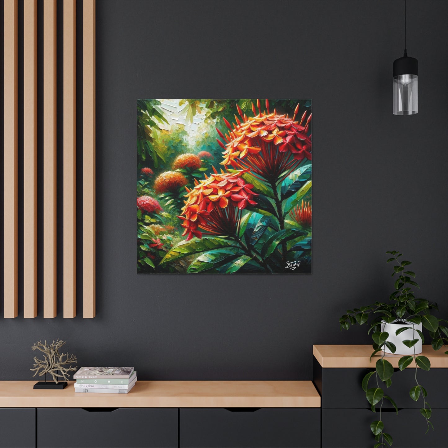 Art Print of Ixora Flowers, Oil Finish, West Indian Art, Canvas Gallery Wraps