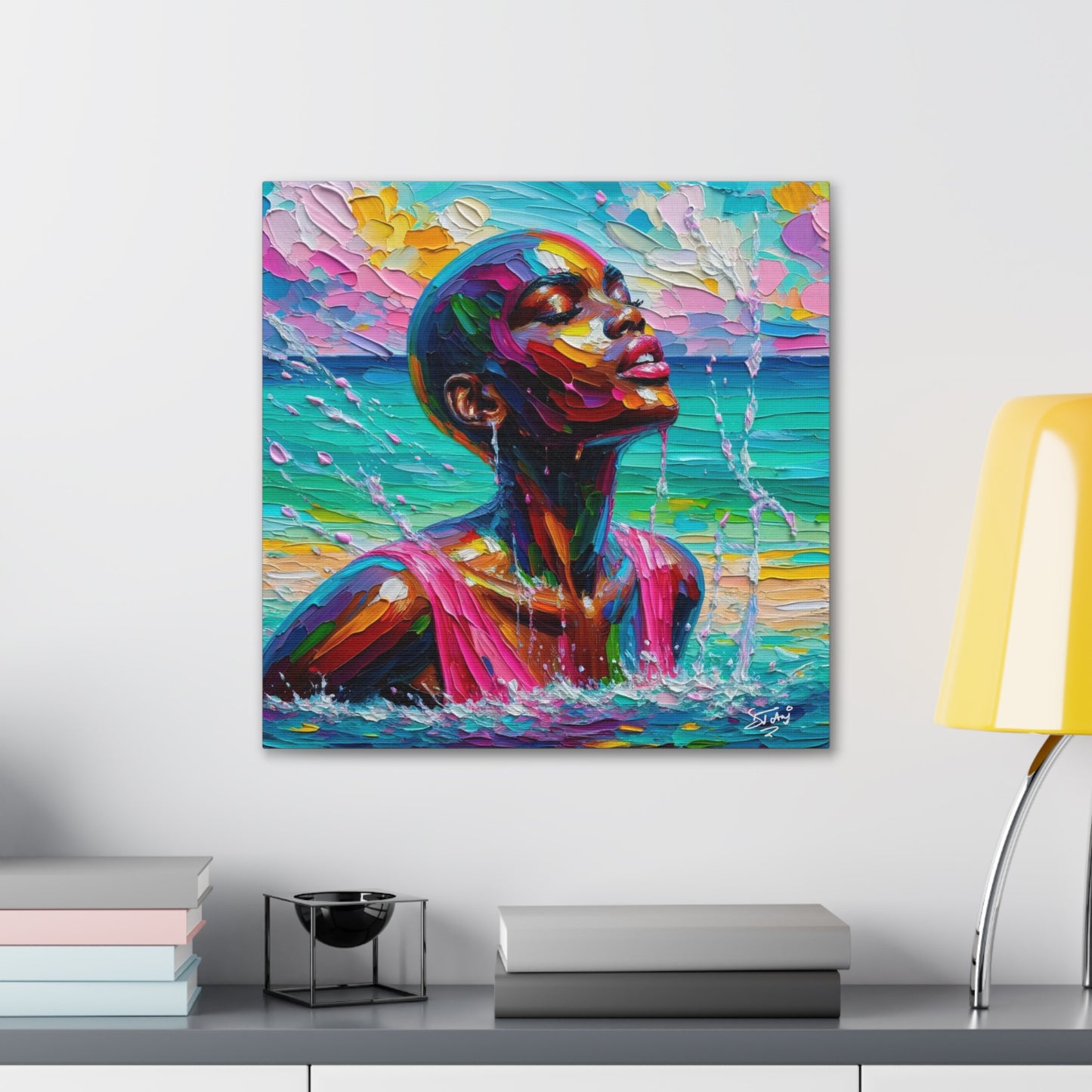 Art Print, Afro-Caribbean Woman, "Sea Bath" Abstract, Oil Finish, West Indian Ethnicity, Cultural, Heritage, Abstract, Canvas Gallery Wrap