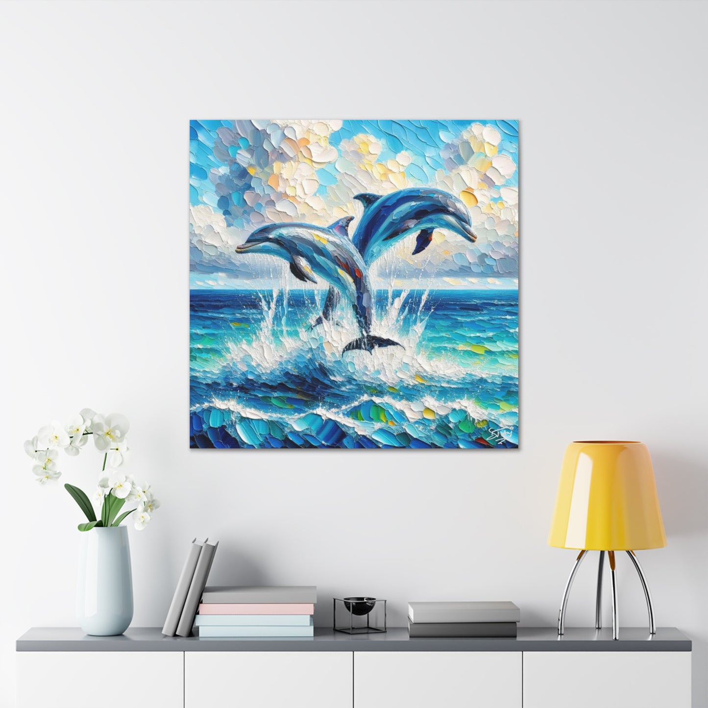 Art Print, Two Dolphins, Oil Finish, Caribbean Nature, Canvas Gallery Wrap