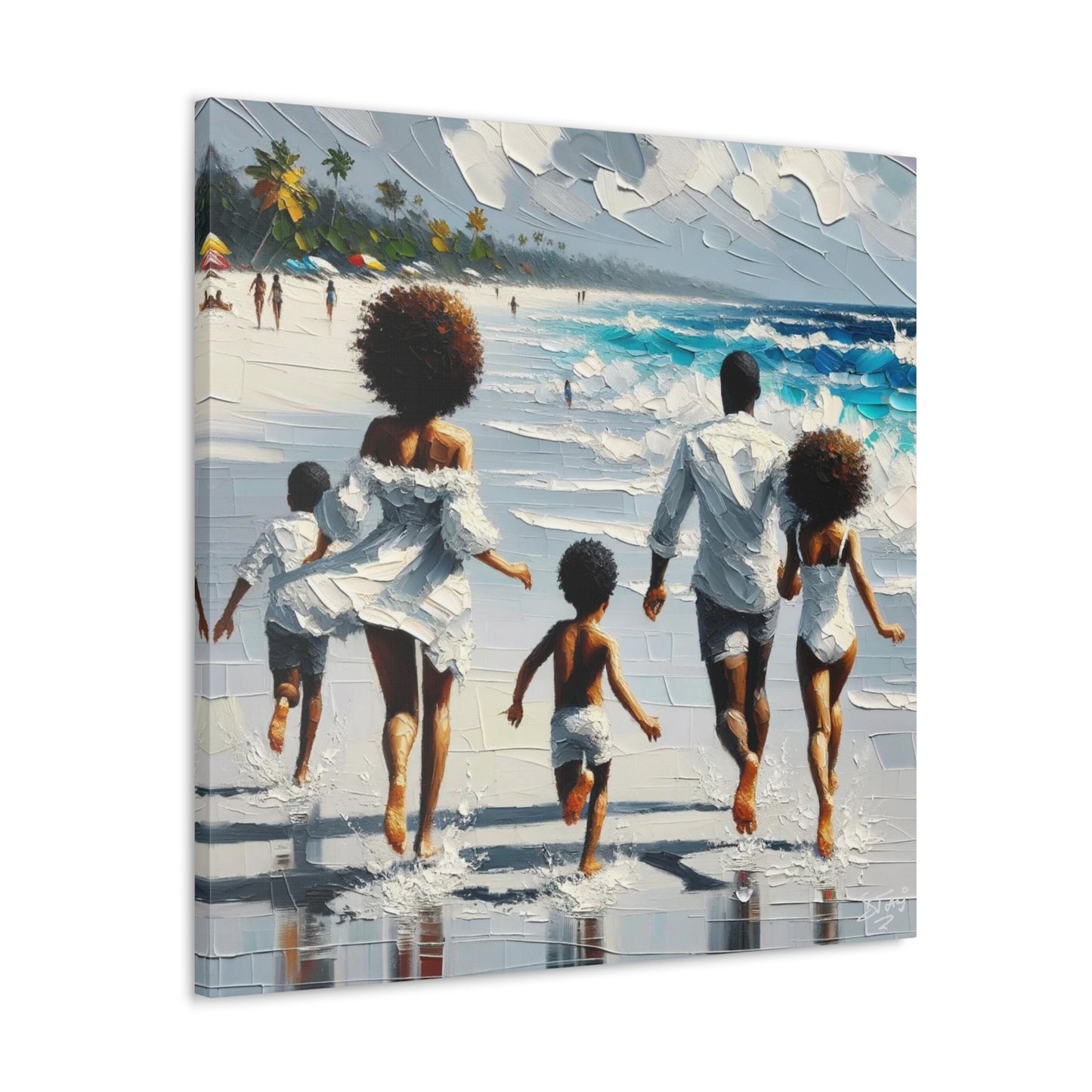 Art Print, Afro-Caribbean Family on the Beach, Oil Finish, West Indian Ethnicity, Cultural, Heritage, Semi-Abstract, Canvas Gallery Wrap