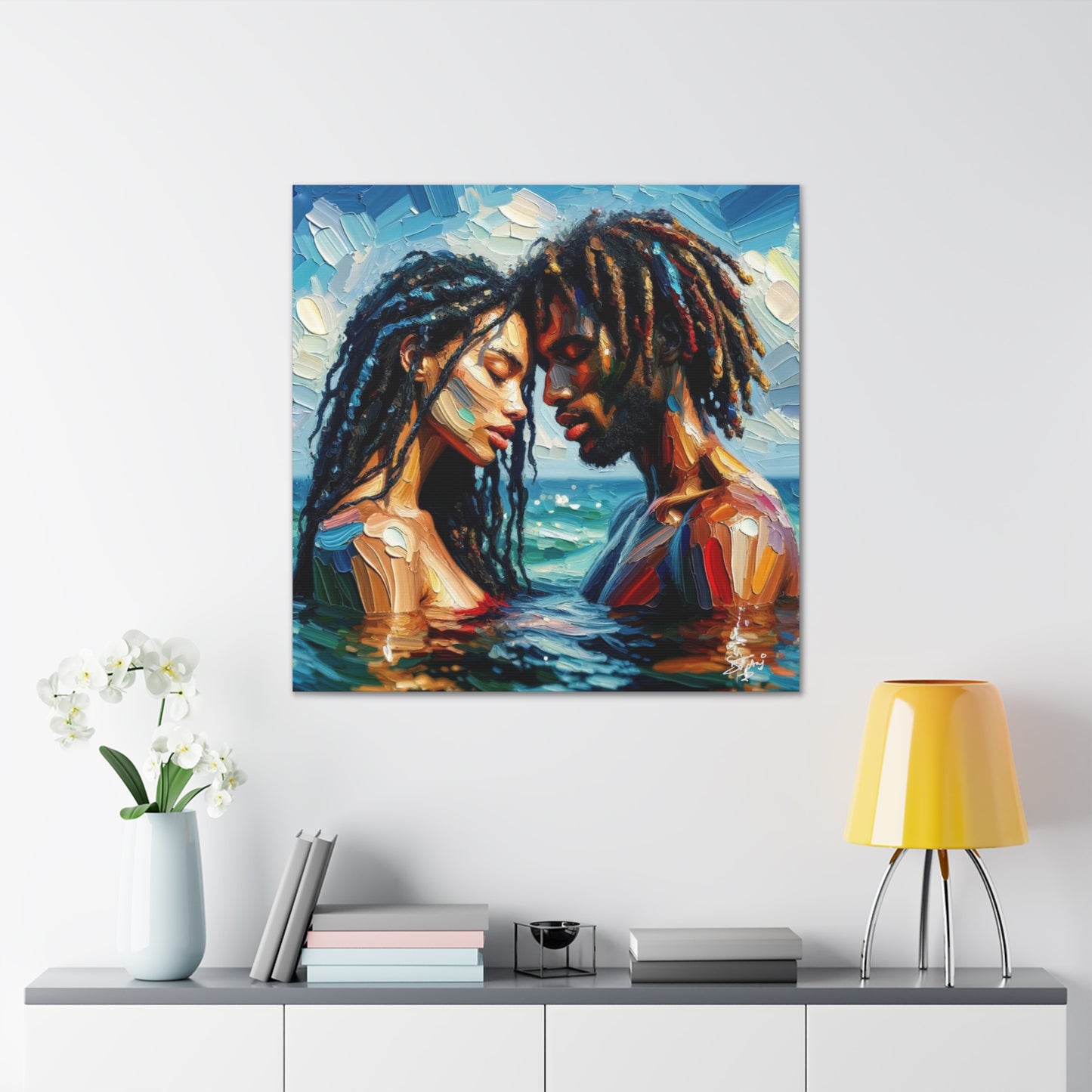 Art Print, Caribbean Couple, "In Our World" Semi-Abstract Oil Finish, West Indian Ethnicity, Cultural, Heritage, Abstract, Canvas Gallery Wrap