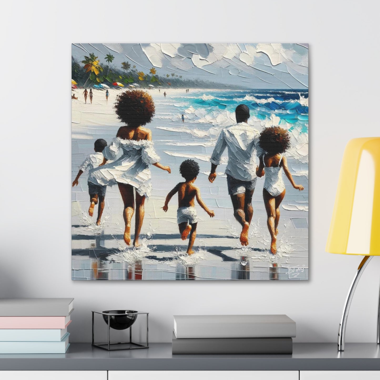 Art Print, Afro-Caribbean Family on the Beach, Oil Finish, West Indian Ethnicity, Cultural, Heritage, Semi-Abstract, Canvas Gallery Wrap