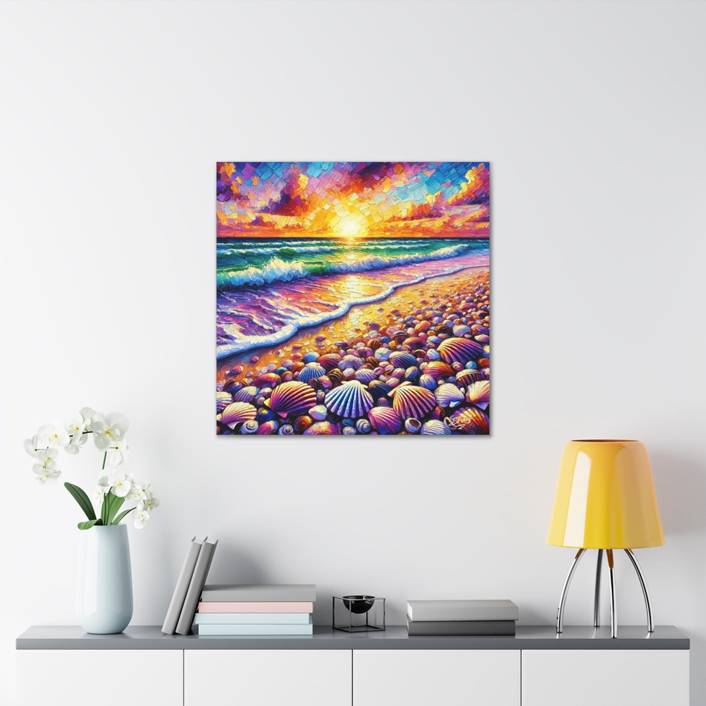 Art Print, Seashell, Caribbean Sunset Beach Scene, Abstract, Oil Painting, West Indian Art, Canvas Gallery Wraps