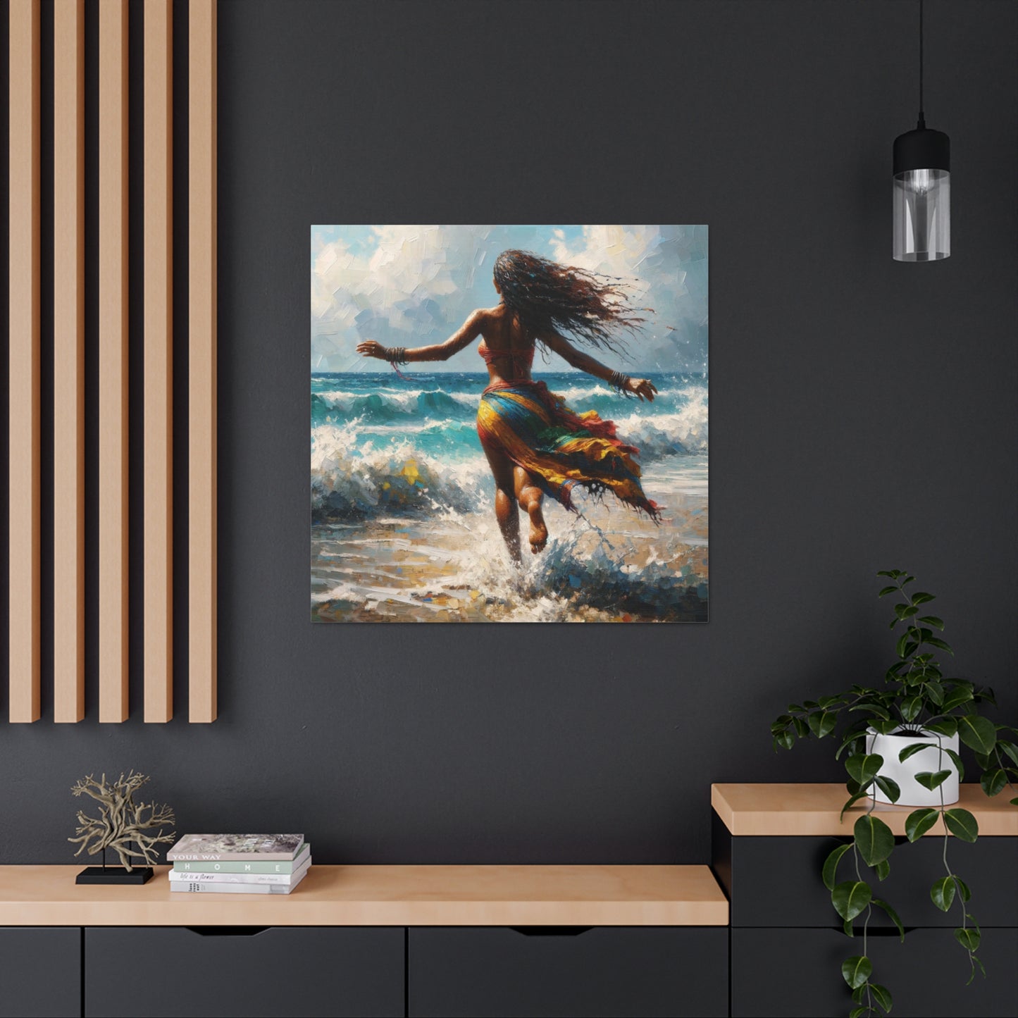 Art Print#2, East Indian Woman from Trinidad running into the Atlantic Ocean, Caribbean, Oil Finish, West Indian Art, Canvas Gallery Wraps