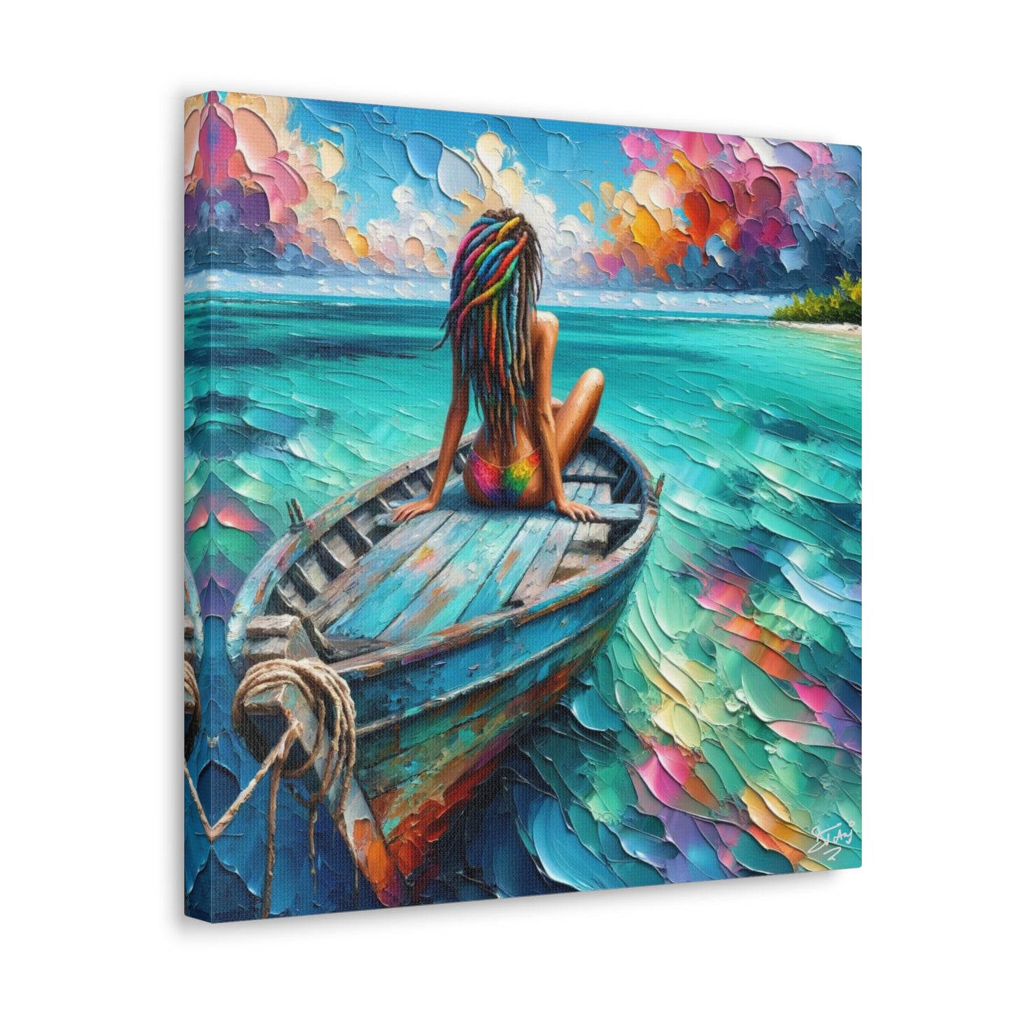 Art Print, Caribbean Woman "Chilling in the Boat" Oil Finish, West Indian Ethnicity, Cultural, Heritage, Semi-Abstract, Canvas Gallery Wrap