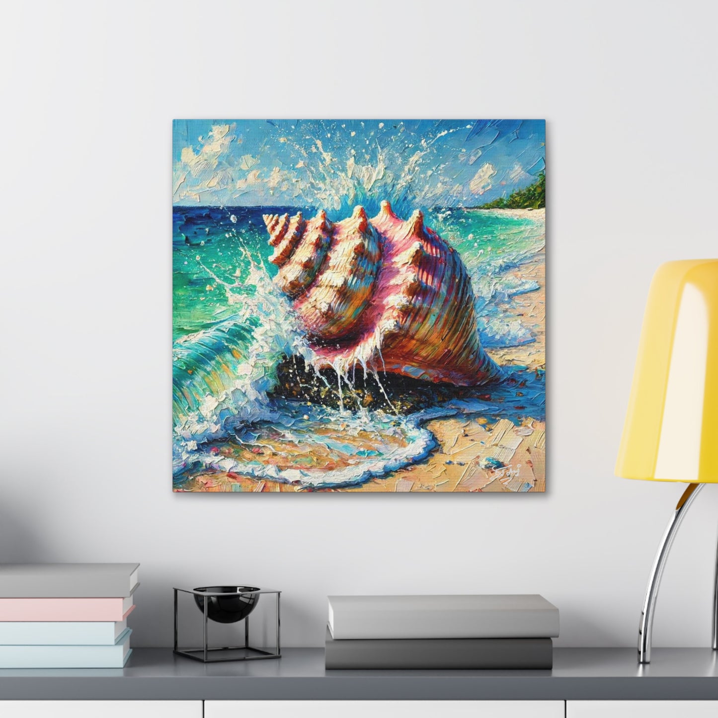 Art Print, Seashell, Caribbean Beach Scene, Abstract, Oil Painting, West Indian Art, Canvas Gallery Wraps