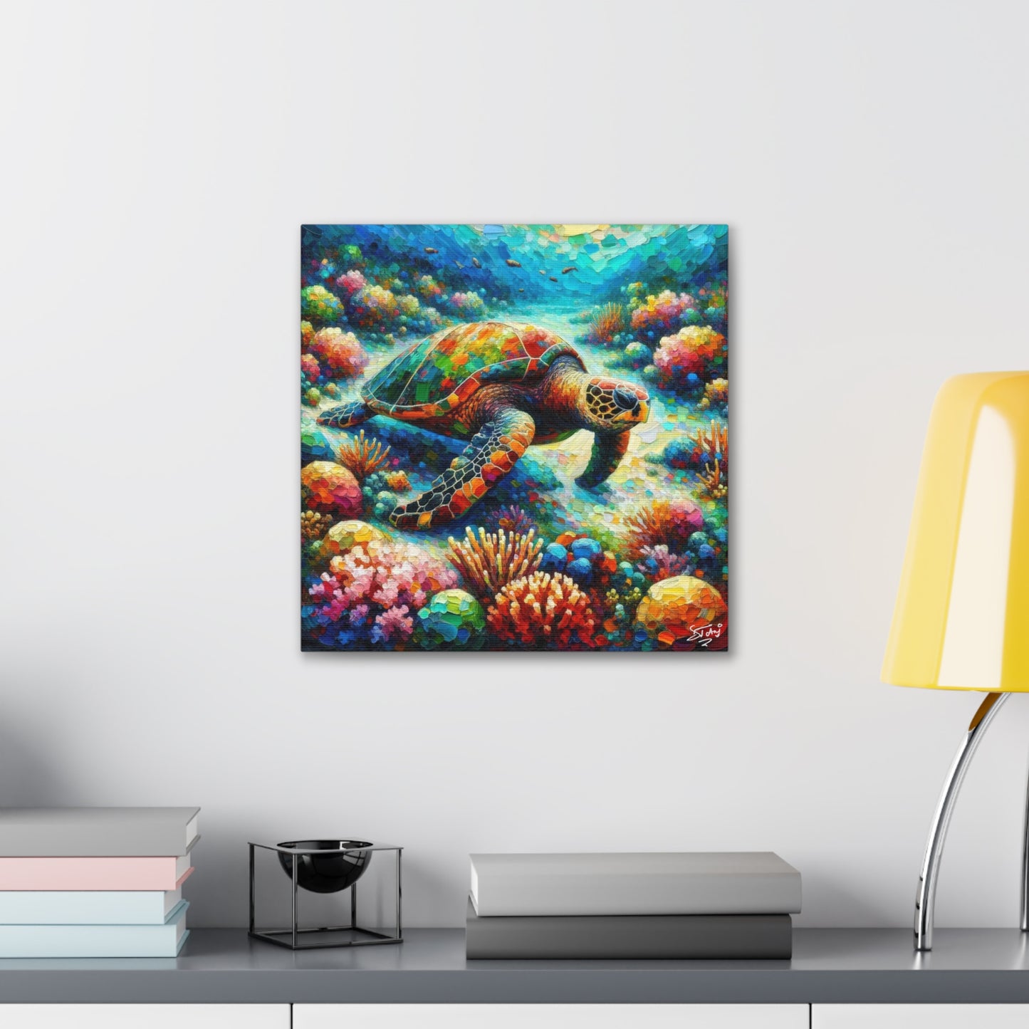 Art Print, Turtle in Reef, Oil Finish, Caribbean Nature, Cultural, Heritage, Semi-Abstract, Canvas Gallery Wrap