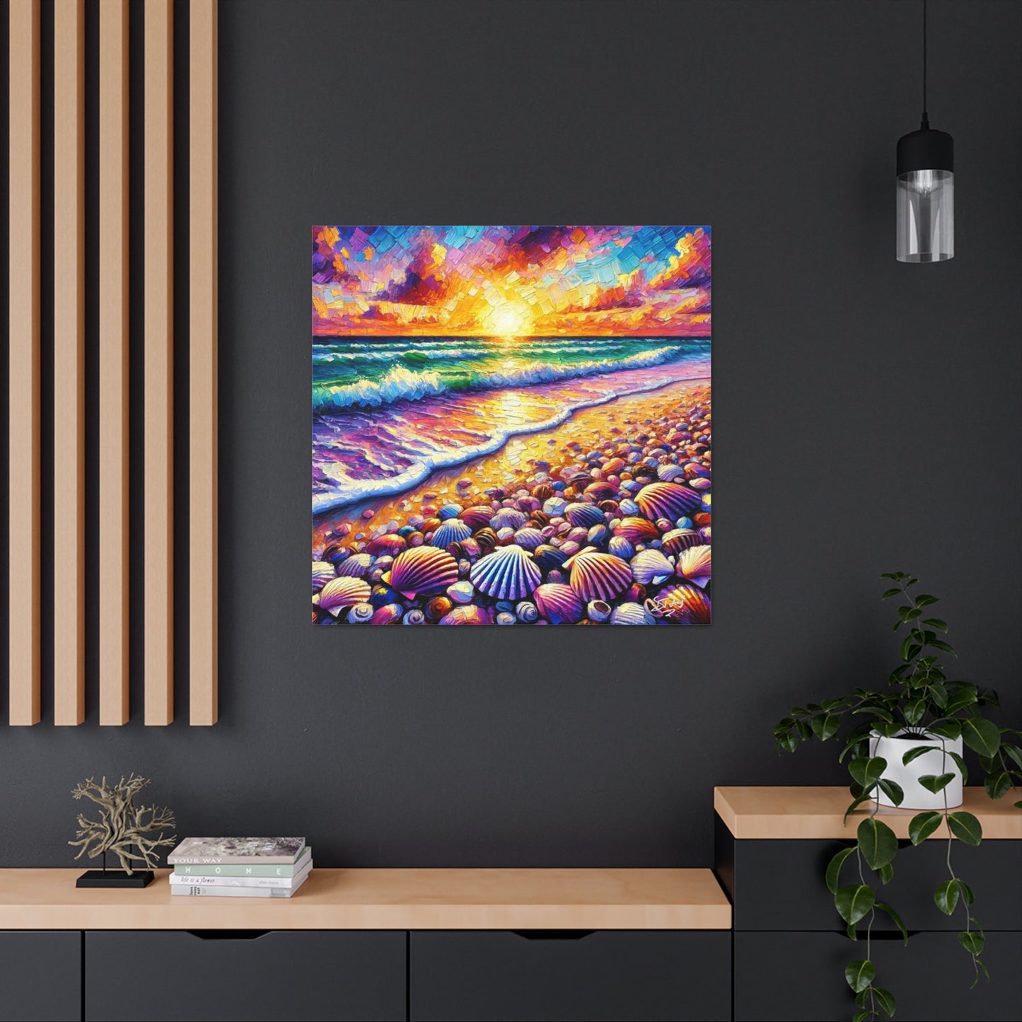 Art Print, Seashell, Caribbean Sunset Beach Scene, Abstract, Oil Painting, West Indian Art, Canvas Gallery Wraps