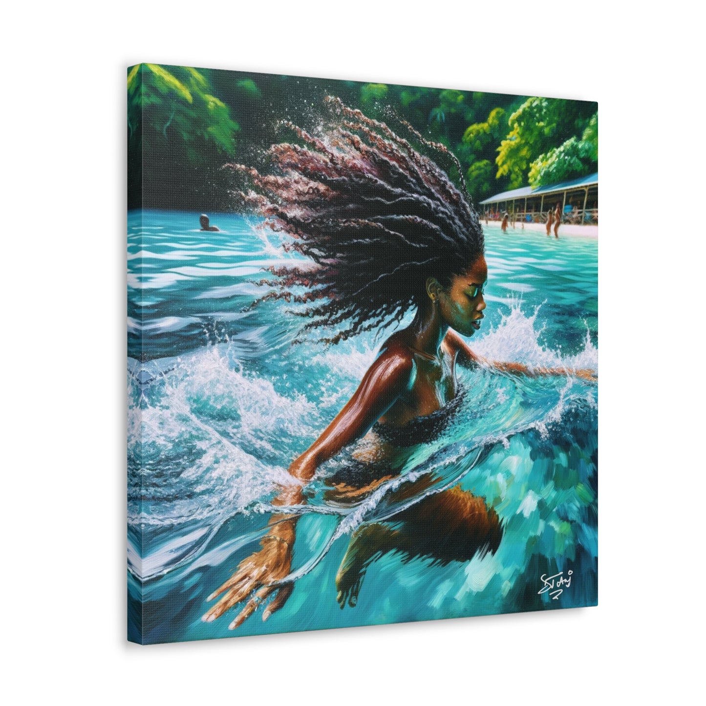 Art Print, Afro-Caribbean Woman, "Sea Bath" Abstract, Oil Finish, West Indian Ethnicity, Cultural, Heritage, Abstract, Canvas Gallery Wrap