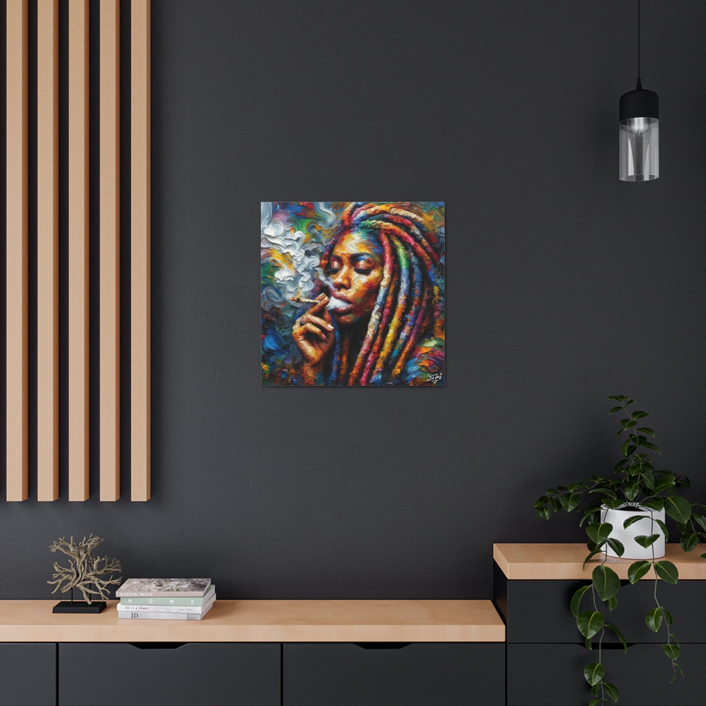 Art Print of Rasta-Woman Smoking, Oil Finish, West Indian Ethnicity, Cultural, Heritage, Afro-Caribbean Man, Semi-Abstract, Canvas Gallery Wrap