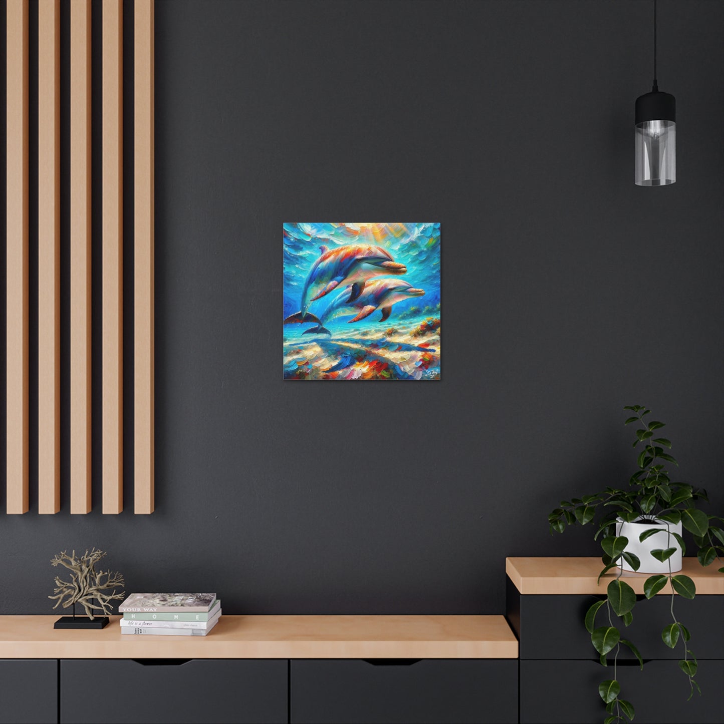 Art Print, Two Dolphins, Oil Finish, Caribbean Nature, Canvas Gallery Wrap