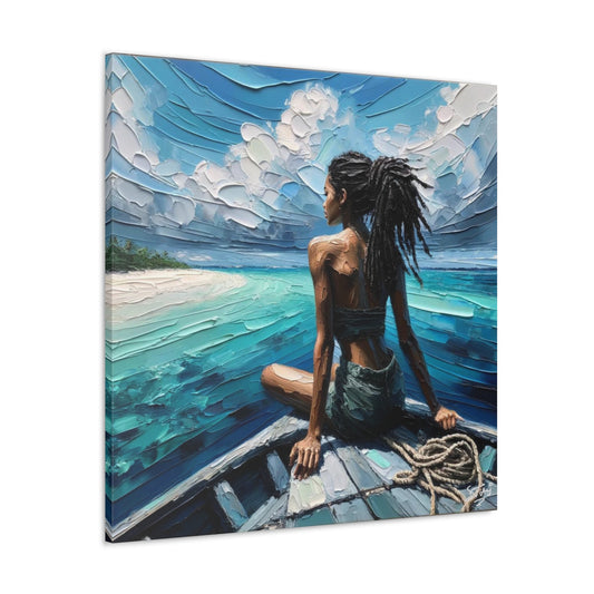 Art Print, Dougla Woman "Chilling in the Boat" Oil Finish, West Indian Ethnicity, Cultural, Heritage, Semi-Abstract, Canvas Gallery Wrap